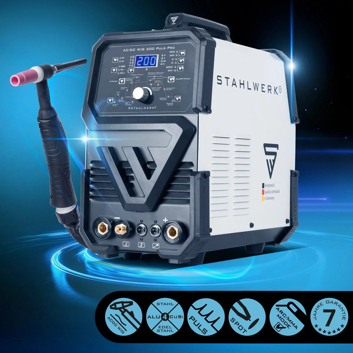 Attrezzatura completa STAHLWERK AC/DC TIG 200 Puls Pro - saldatrice digitale | 200 A, funzione ARC/MMA, memoria di lavoro e tecnologia IGBT, adatto per alluminio e lamiera sottile