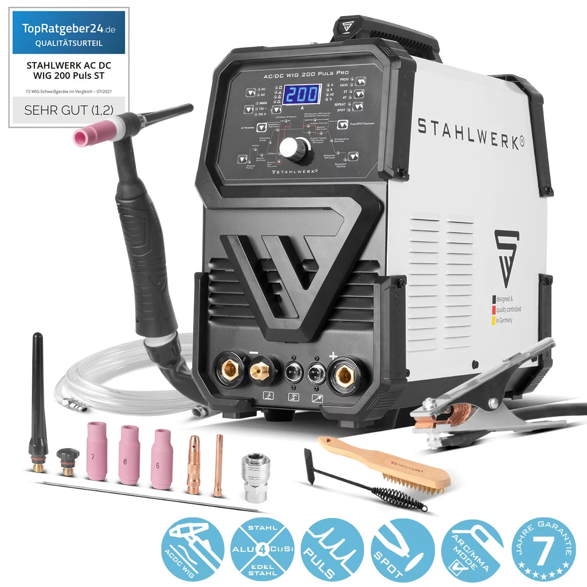 STAHLWERK AC/DC TIG 200 Puls Pro - saldatrice digitale | Inverter da 200 A, funzione ARC/MMA, memoria di lavoro e tecnologia IGBT, adatto per alluminio e lamiera sottile, 7 anni di garanzia del produttore