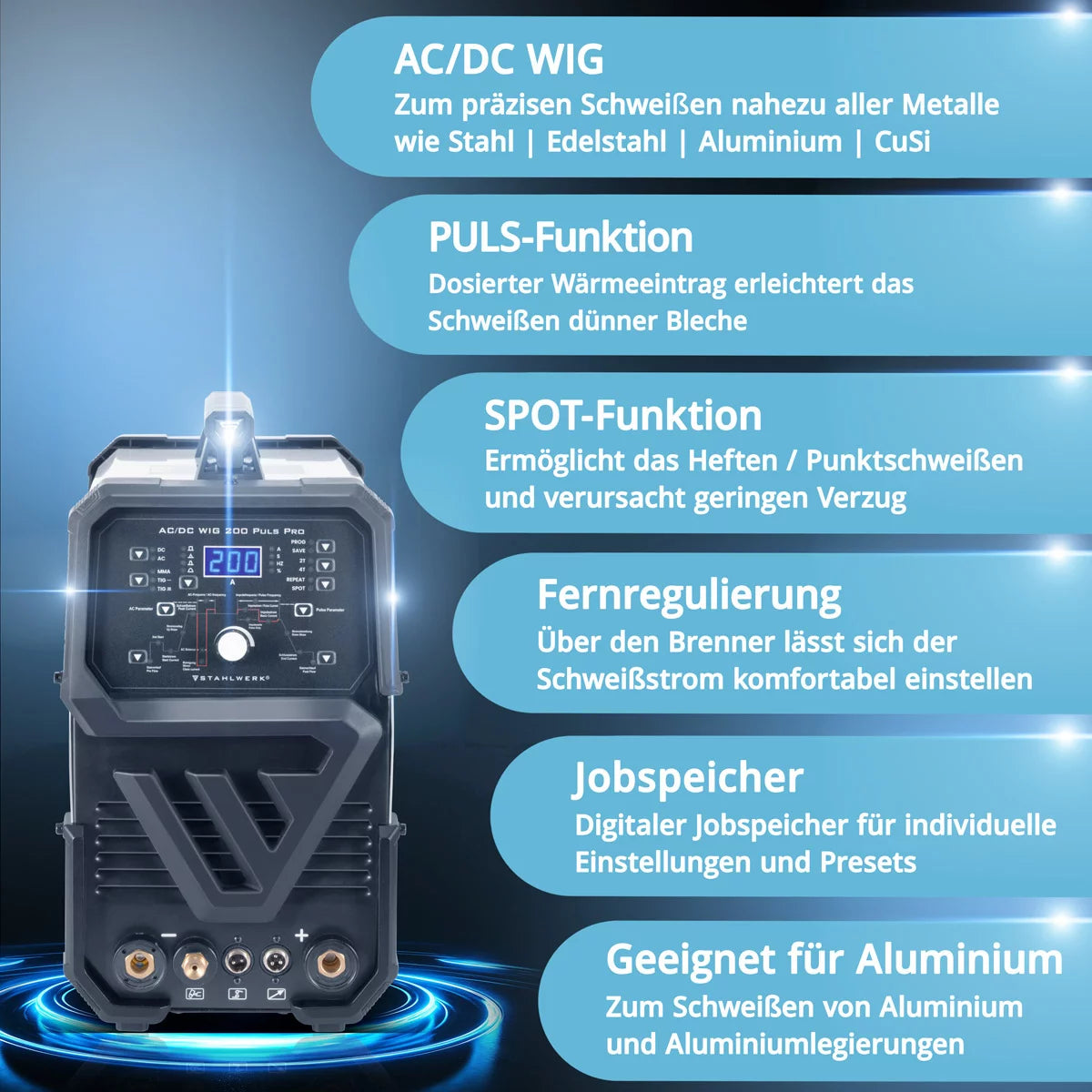STAHLWERK AC/DC TIG 200 Puls Pro - saldatrice digitale | Inverter da 200 A, funzione ARC/MMA, memoria di lavoro e tecnologia IGBT, adatto per alluminio e lamiera sottile, 7 anni di garanzia del produttore