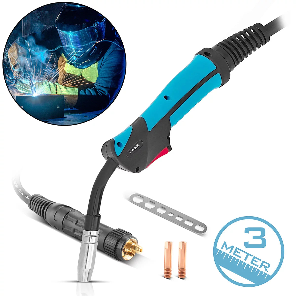 Antorcha de soldadura STAHLWERK AK15 con paquete de manguera de 3 metros | Accesorios de soldadura profesionales para máquinas de soldar MIG/MAG con gas protector y conexión eurocentral | Pistola de soldar MIG/MAG refrigerada por aire 180 amperios