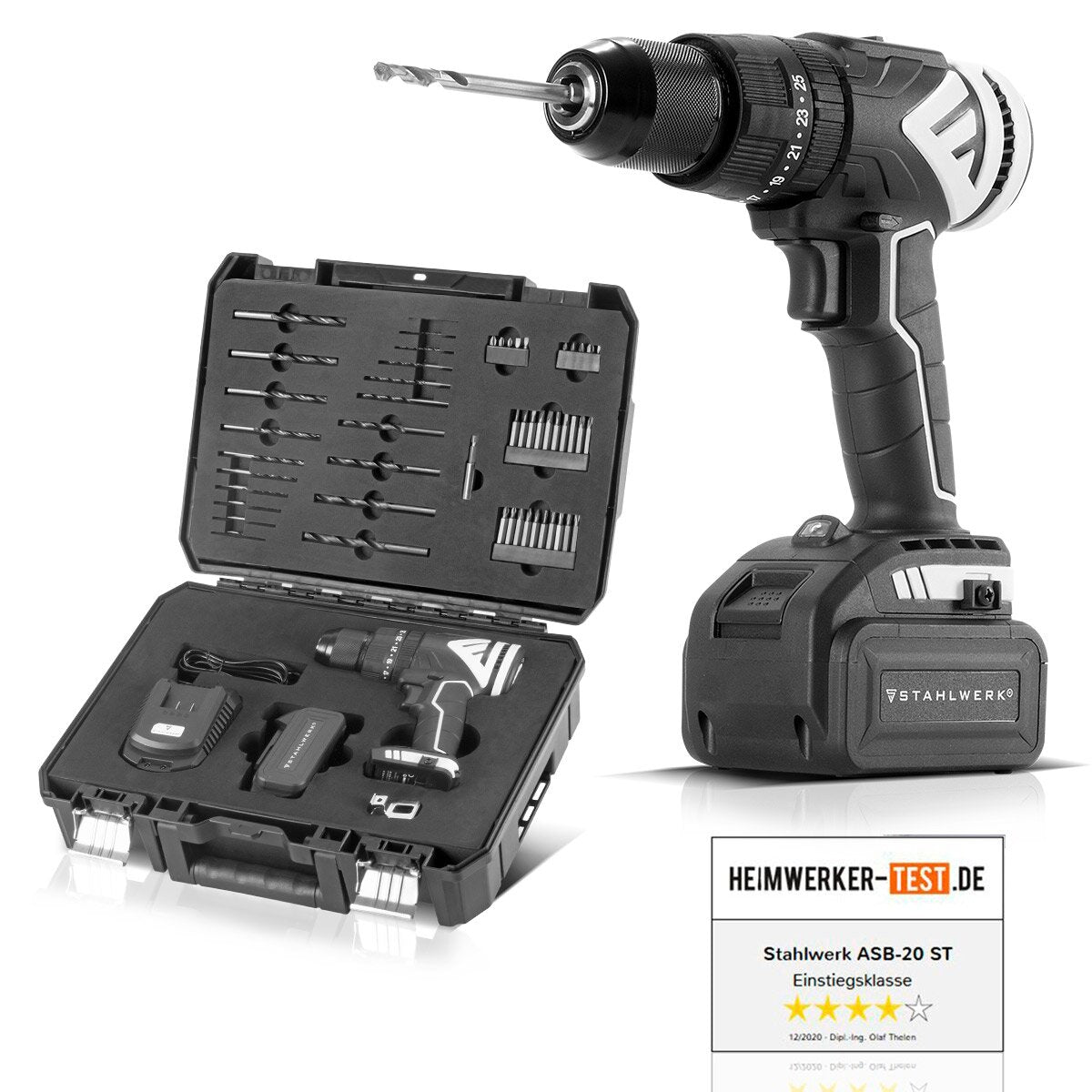 Perceuse à percussion sans fil STAHLWERK ASB-20 ST avec système 20 volts et visseuse sans fil à technologie brushless | Perceuse sans fil | Perceuse/tournevis comprenant batterie, chargeur, coffret de machine, embout et jeu de forets
