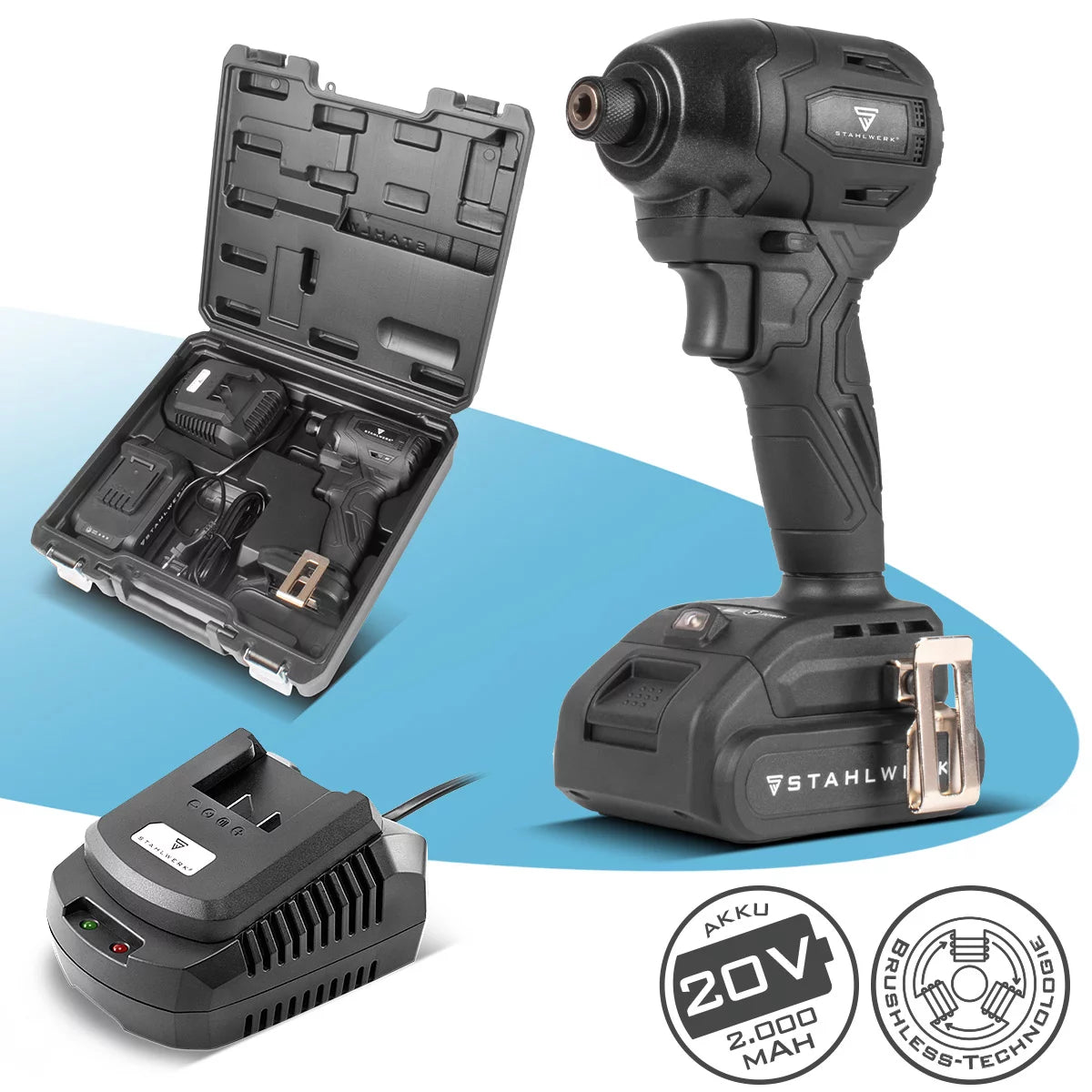 Clé à chocs sans fil STAHLWERK ADS-190 ST | Système 20 volts | Tournevis sans fil avec technologie brushless | Clé à chocs rotative 190 Nm | Comprend batterie et chargeur | Porte-embout hexagonal 1/4"