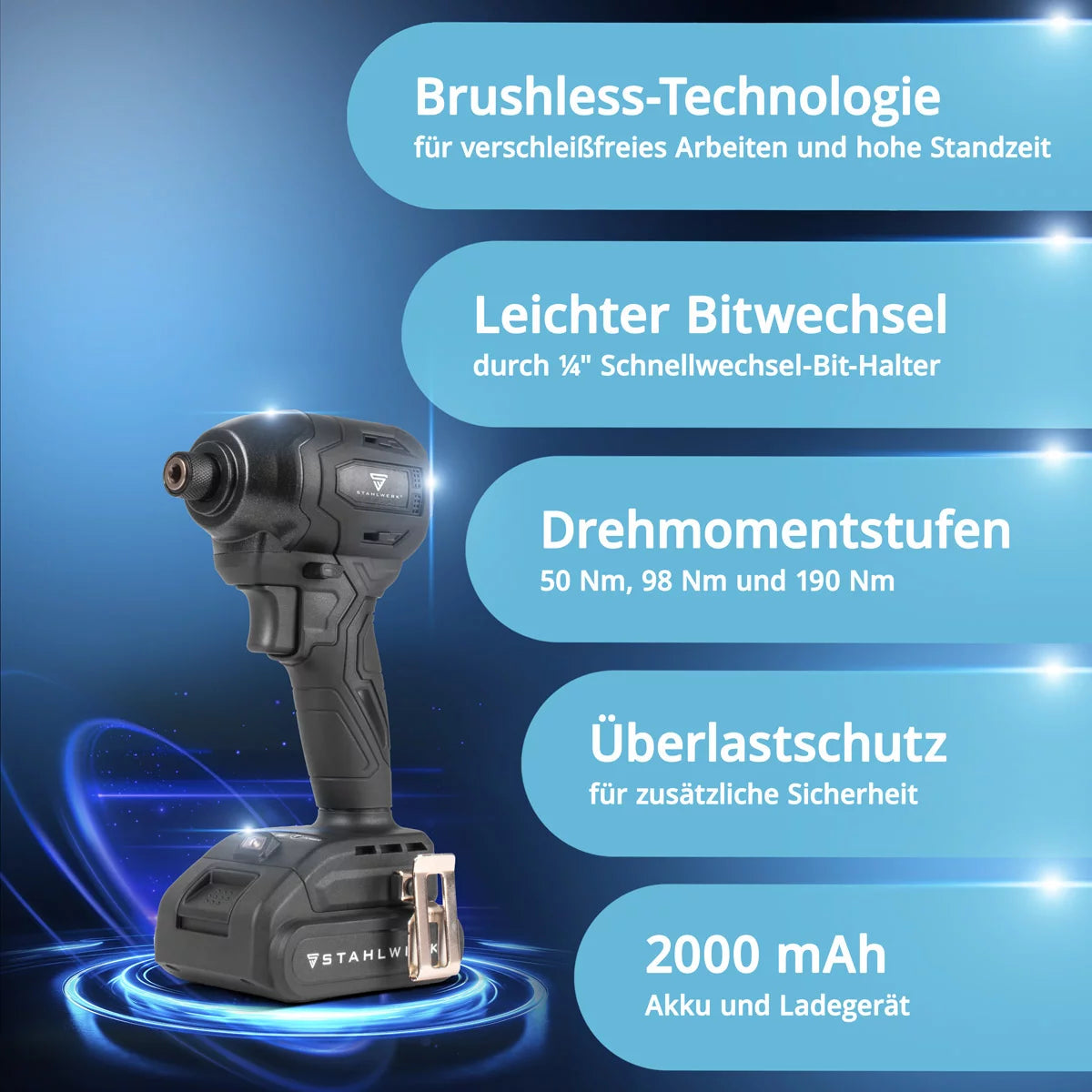 Clé à chocs sans fil STAHLWERK ADS-190 ST | Système 20 volts | Tournevis sans fil avec technologie brushless | Clé à chocs rotative 190 Nm | Comprend batterie et chargeur | Porte-embout hexagonal 1/4"