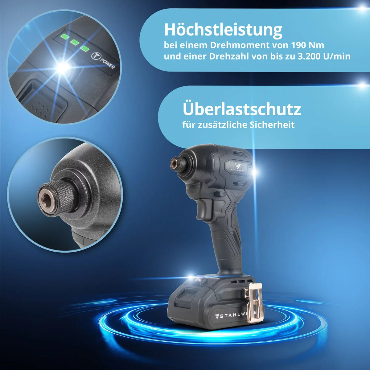 STAHLWERK Akku-Schlagschrauber ADS-190 ST | 20 Volt-System | Akkuschrauber mit Brushless-Technologie | Drehschlagschrauber 190 Nm | Inklusive Akku und Ladegerät | 1/4" Hex-Bithalter