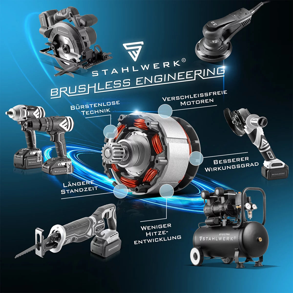 STAHLWERK brushless cordless rotary impact wrench ADS-20 ST Solo | 20 volt system | Impact wrench | Cordless screwdriver | REAL 500 Nm torque | 1/2 inch recording | wear-free motor | 7 year guarantee