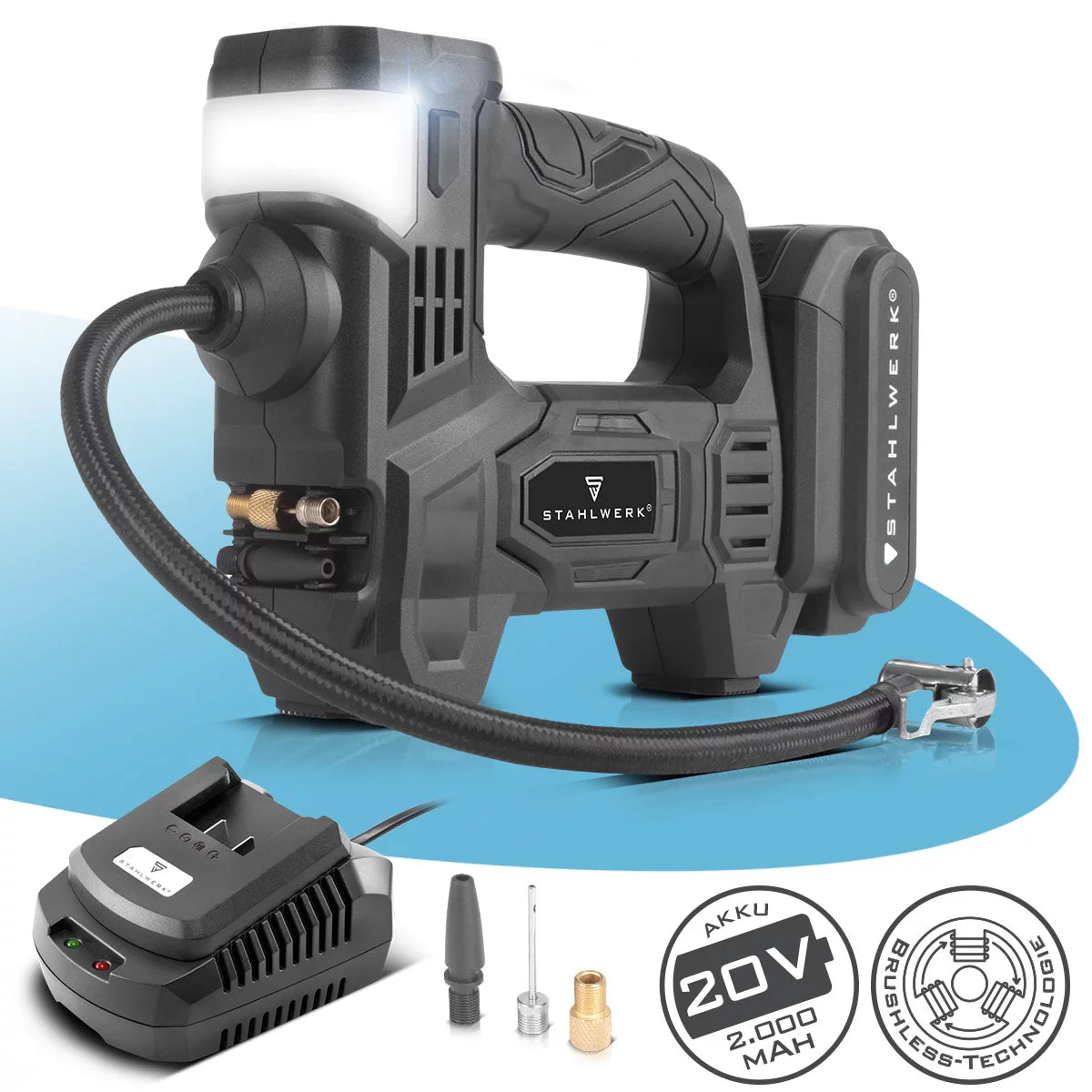STAHLWERK Akku-Druckluftkompressor ADK-20 ST | 72 Watt Leistung und 2 Ah Akku | Mini-Kompressor zum Aufpumpen von Reifen, Bällen | Elektrische Luftpumpe mit Digitalanzeige und Beleuchtung | Luftkompressor