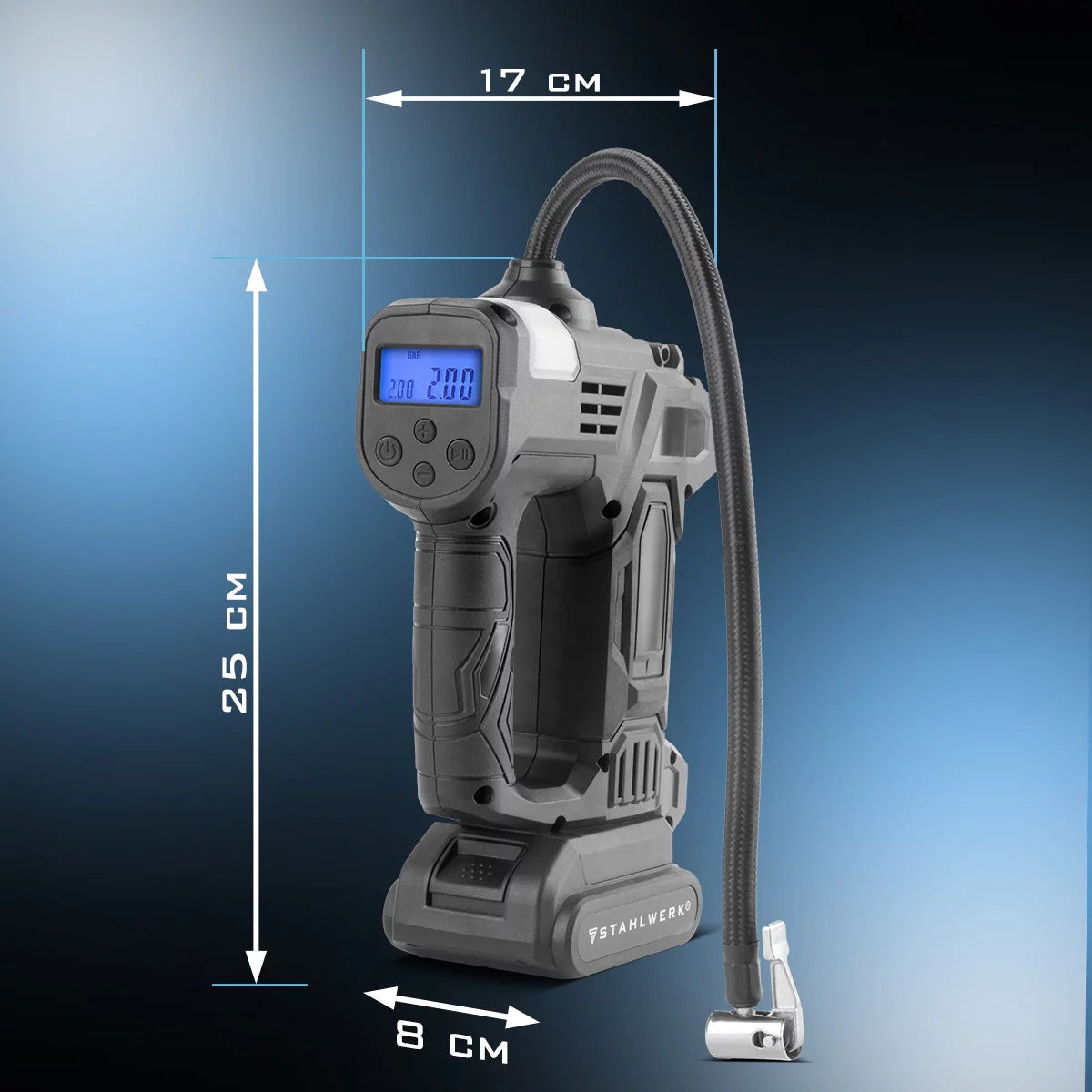 STAHLWERK Akku-Druckluftkompressor ADK-20 ST | 72 Watt Leistung und 2 Ah Akku | Mini-Kompressor zum Aufpumpen von Reifen, Bällen | Elektrische Luftpumpe mit Digitalanzeige und Beleuchtung | Luftkompressor