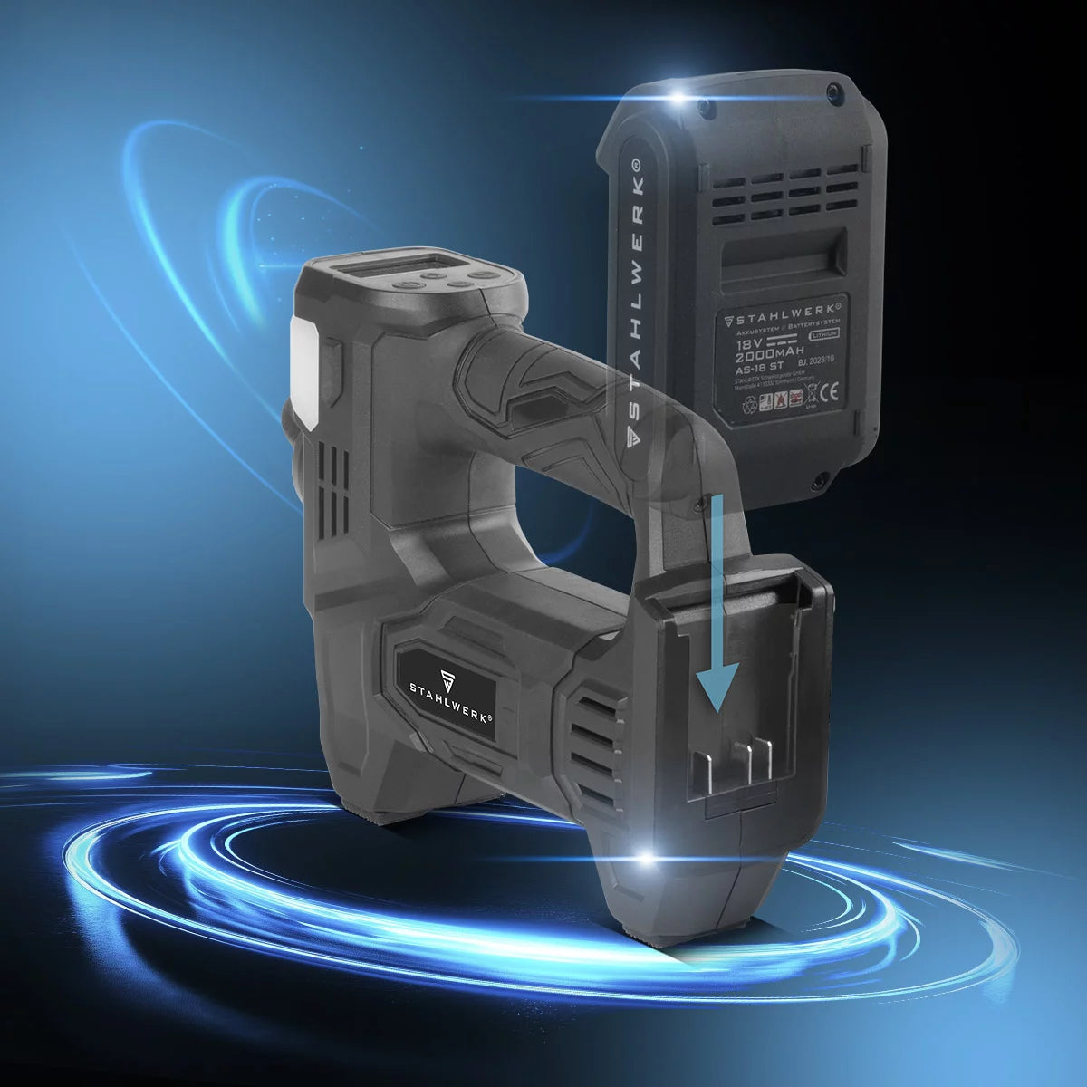 STAHLWERK Akku-Druckluftkompressor ADK-20 ST | 72 Watt Leistung und 2 Ah Akku | Mini-Kompressor zum Aufpumpen von Reifen, Bällen | Elektrische Luftpumpe mit Digitalanzeige und Beleuchtung | Luftkompressor