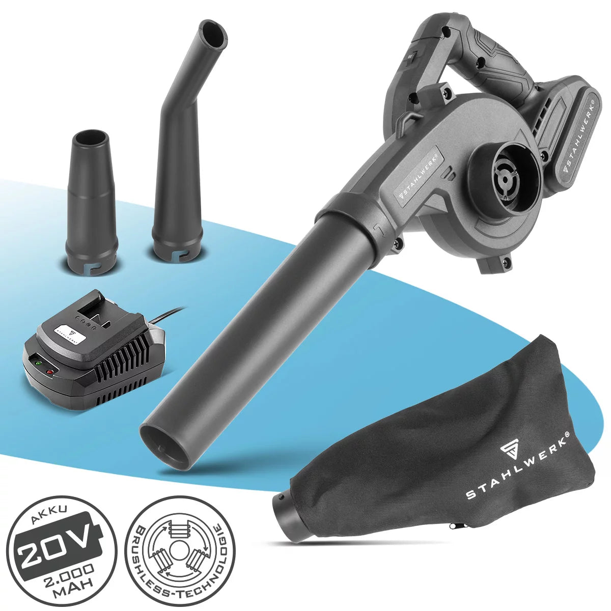 STAHLWERK Mini-Akku-Gebläse MAG-20 ST | 20 Volt Akku-Laubbläser mit 2Ah | Tragbares Universalgebläse für Garten- und Straßenreinigung | Brushless-Laubsauger| Kompaktbläser 98 m/s | 0 - 18.000 U/min