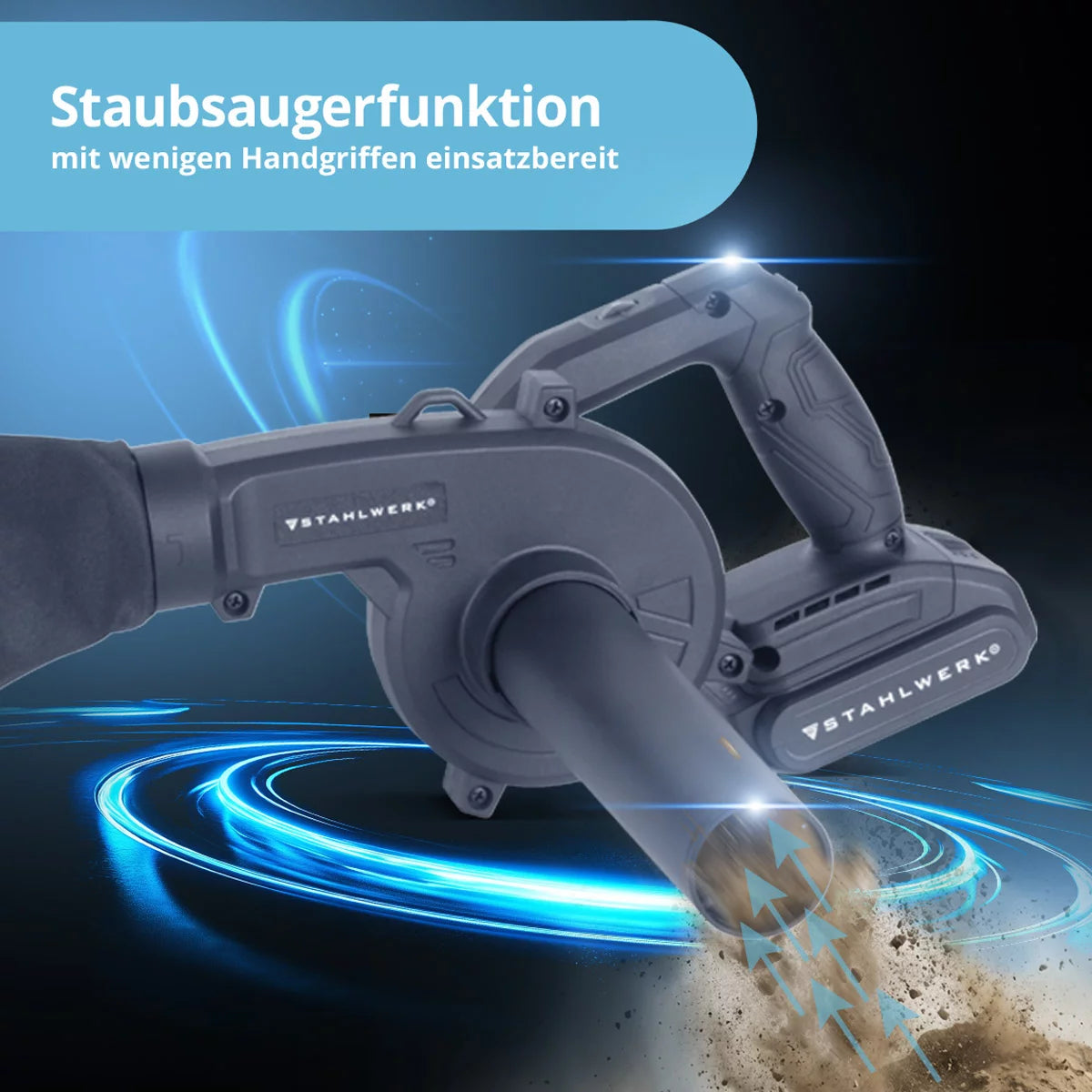 STAHLWERK mini battery blower MAG-20 ST | 20 volt cordless leaf blower with 2Ah | Portable universal blower for garden and street cleaning | Brushless leaf vacuum Compact blower 98 m/s | 0 - 18,000 rpm