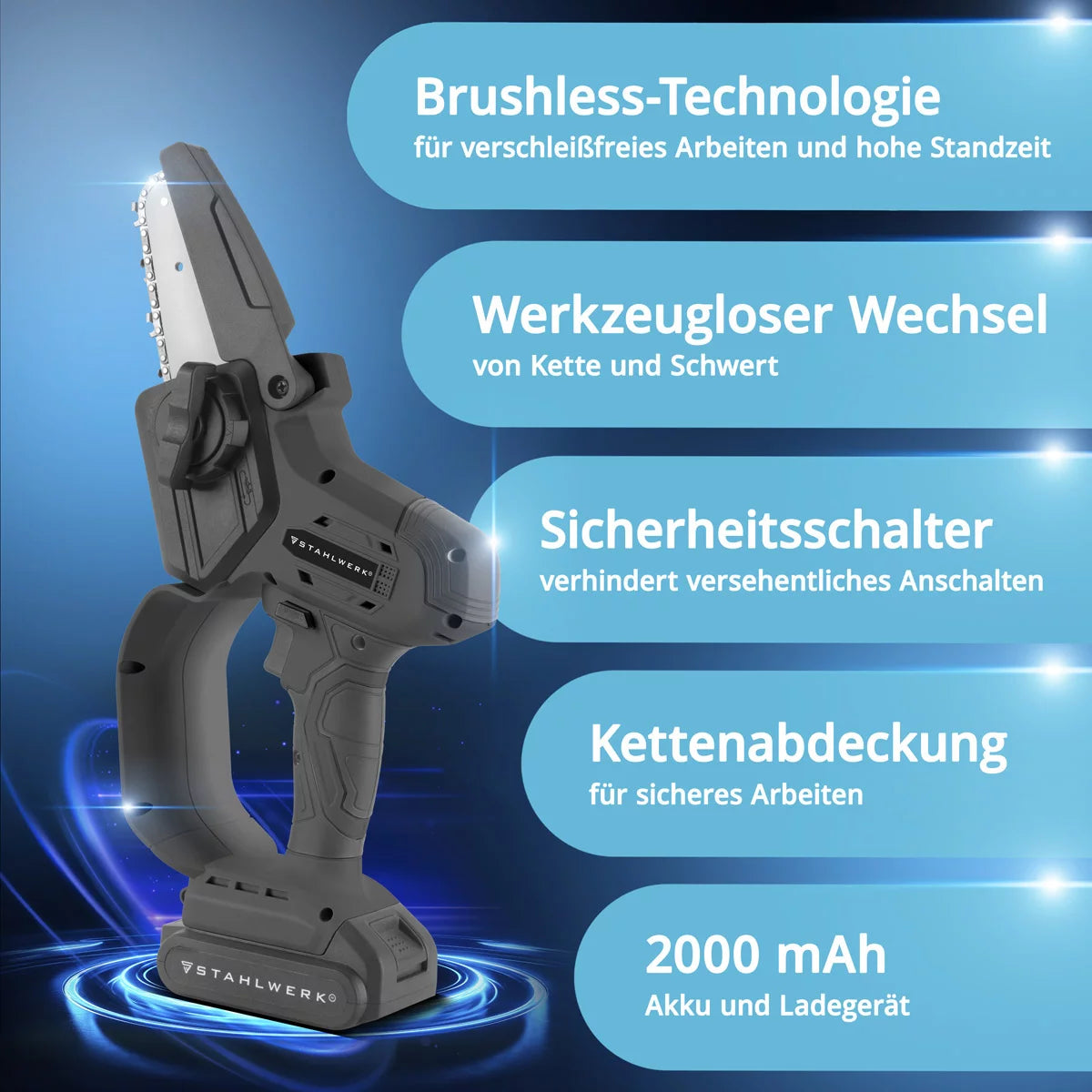 Mini tronçonneuse sans fil STAHLWERK MAK-20 ST avec batterie 2000 mAh | Tronçonneuse manuelle puissante pour couper tous types de bois | Tronçonneuse électrique avec technologie brushless | Scie compacte sans fil