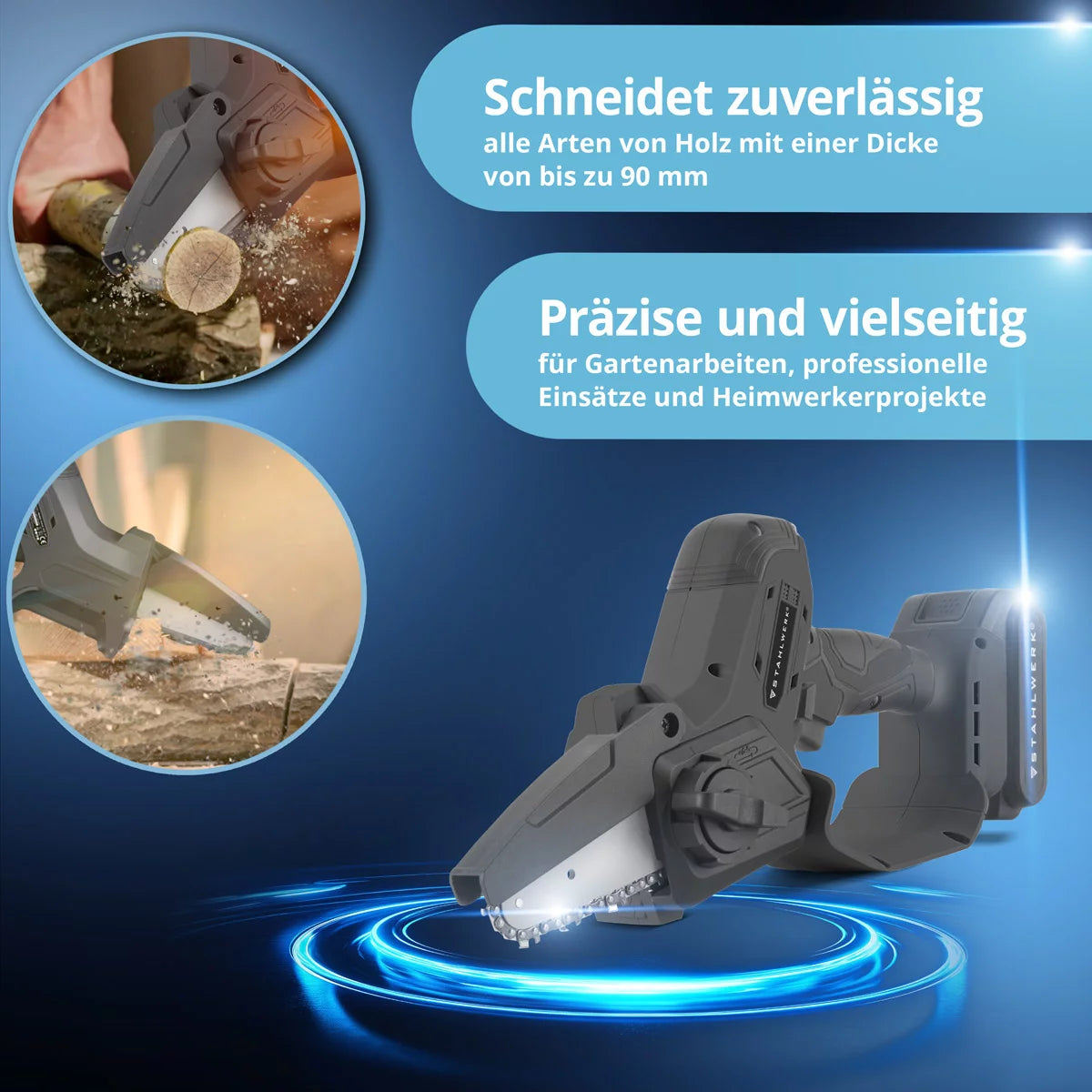 Mini tronçonneuse sans fil STAHLWERK MAK-20 ST avec batterie 2000 mAh | Tronçonneuse manuelle puissante pour couper tous types de bois | Tronçonneuse électrique avec technologie brushless | Scie compacte sans fil