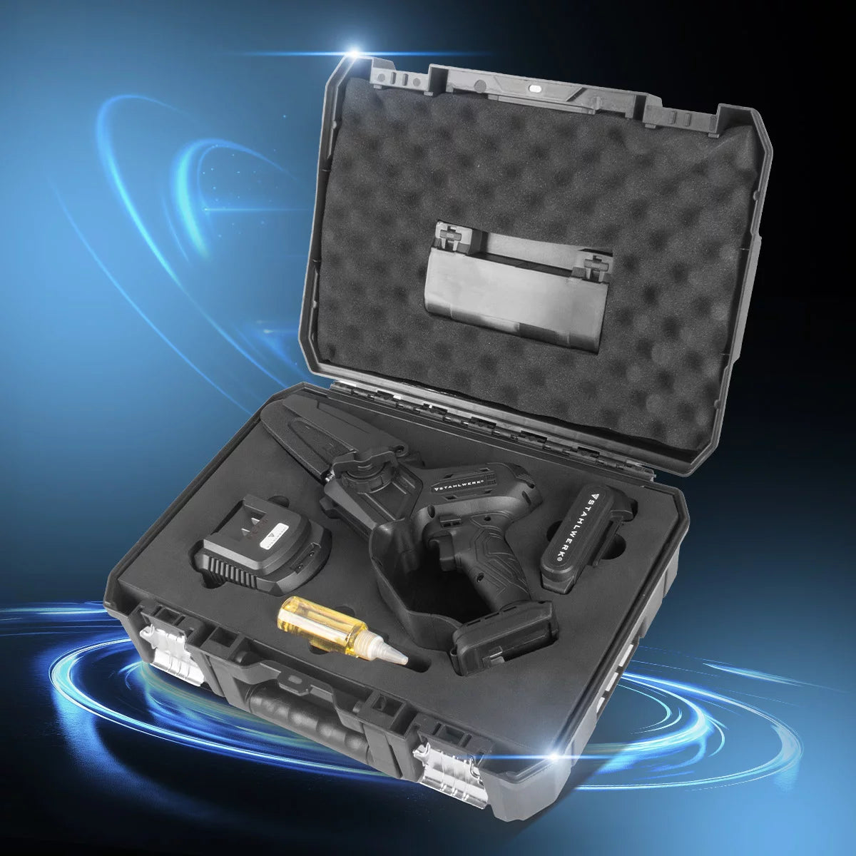 Mini tronçonneuse sans fil STAHLWERK MAK-20 ST avec batterie 2000 mAh | Tronçonneuse manuelle puissante pour couper tous types de bois | Tronçonneuse électrique avec technologie brushless | Scie compacte sans fil