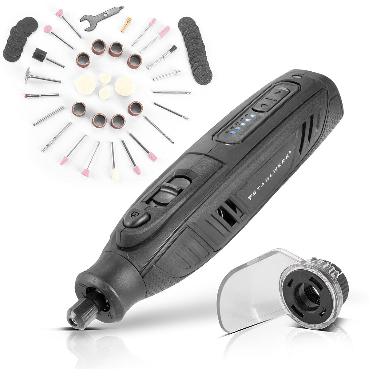 Amoladora multiusos a batería STAHLWERK AMF-80 ST 5.000-25.000 rpm 2.000 mAh herramienta multifuncional/herramienta rotativa/amoladora/miniamoladora con 53 accesorios y cable de carga USB