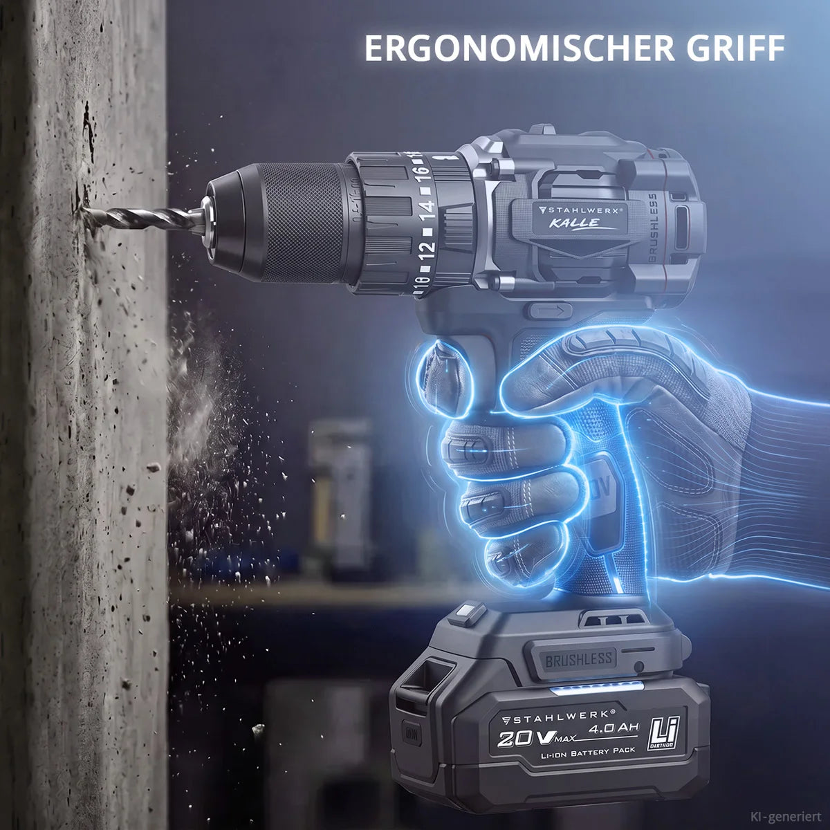 STAHLWERK cordless impact drill KALLE | Cordless screwdriver | Cordless drill | Drill driver | 20 volt system | 65 Nm torque | 2-speed gearbox | 13 mm keyless chuck | Brushless