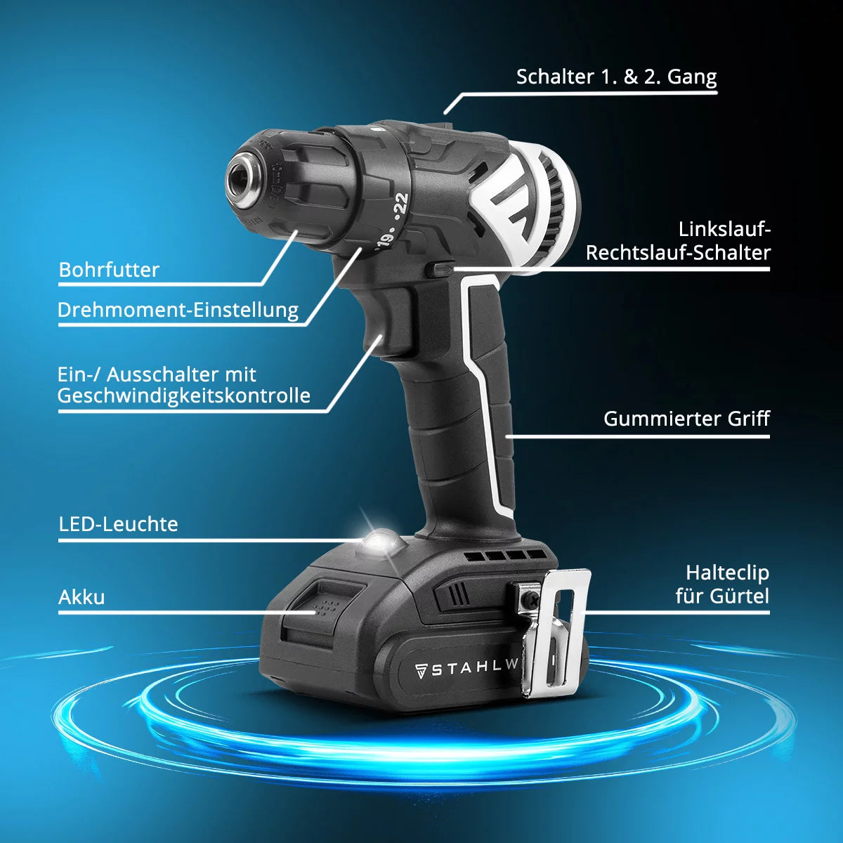 Visseuse sans fil STAHLWERK ABS-18 ST avec 18 volts et technologie sans balais, perceuse/tournevis sans fil | Perceuse sans fil | Perceuse | Ensemble d'outils sans fil comprenant une batterie, un chargeur et une mallette de transport