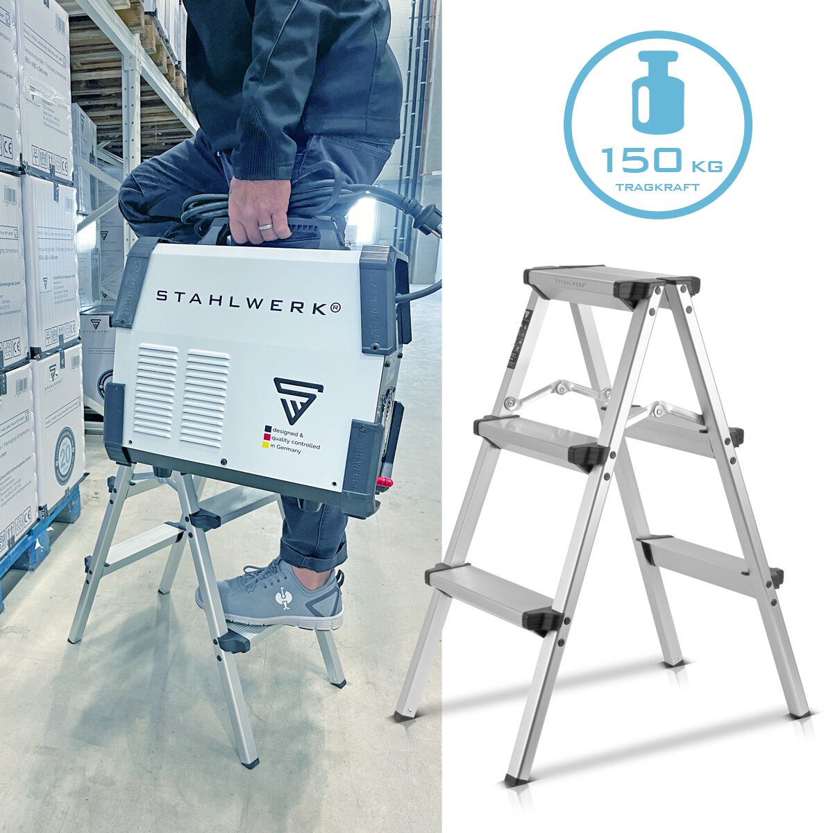 STAHLWERK aluminum step ladder ALT-150 ST up to 150 kg, 3 steps, standing height 72 cm, aluminum ladder | Folding ladder | Folding step | Multi-purpose ladder | Stepladder with non-slip rungs