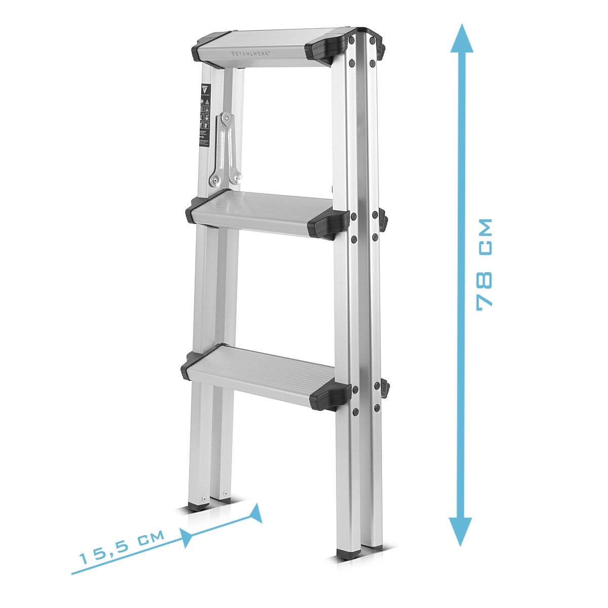 STAHLWERK aluminum step ladder ALT-150 ST up to 150 kg, 3 steps, standing height 72 cm, aluminum ladder | Folding ladder | Folding step | Multi-purpose ladder | Stepladder with non-slip rungs