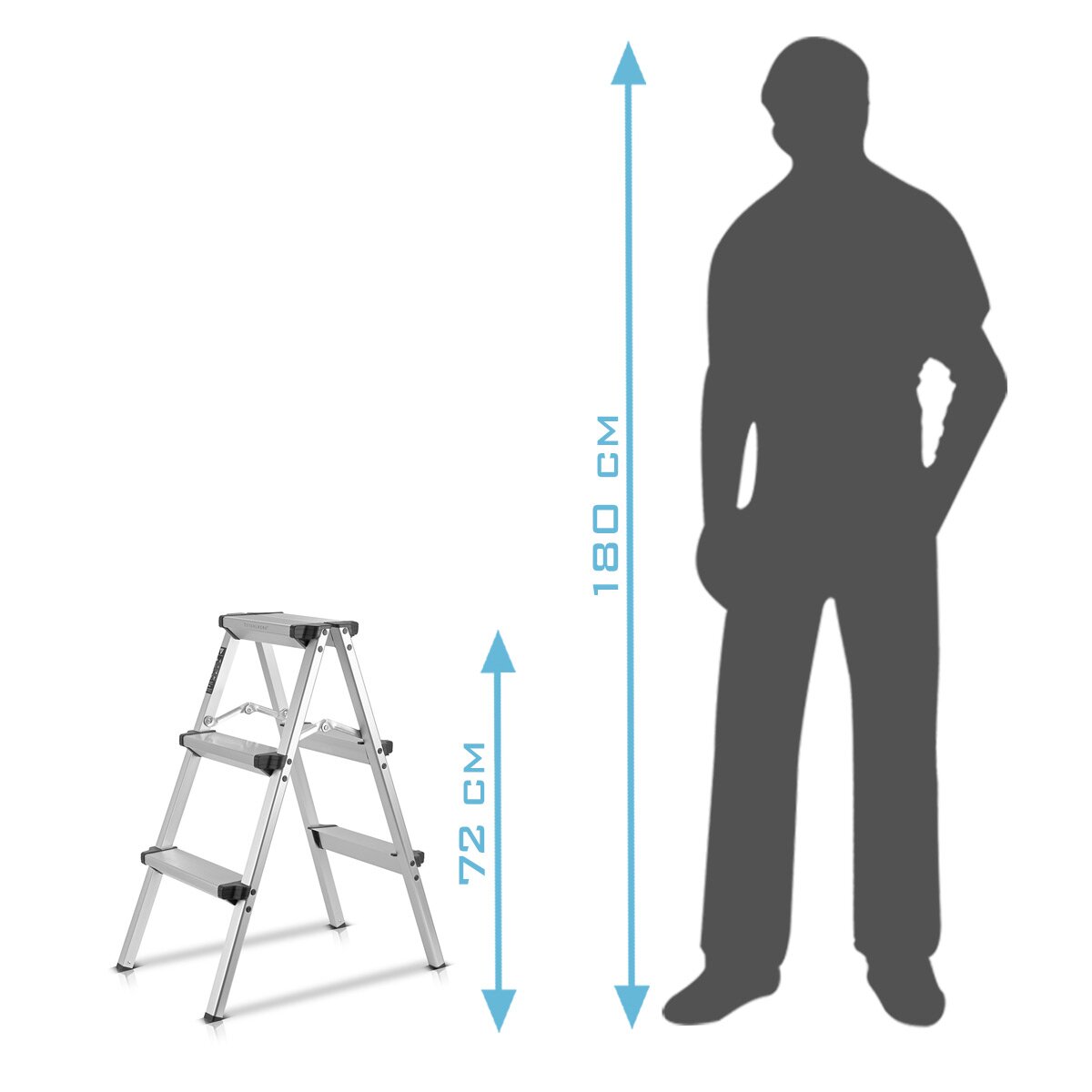 STAHLWERK aluminum step ladder ALT-150 ST up to 150 kg, 3 steps, standing height 72 cm, aluminum ladder | Folding ladder | Folding step | Multi-purpose ladder | Stepladder with non-slip rungs