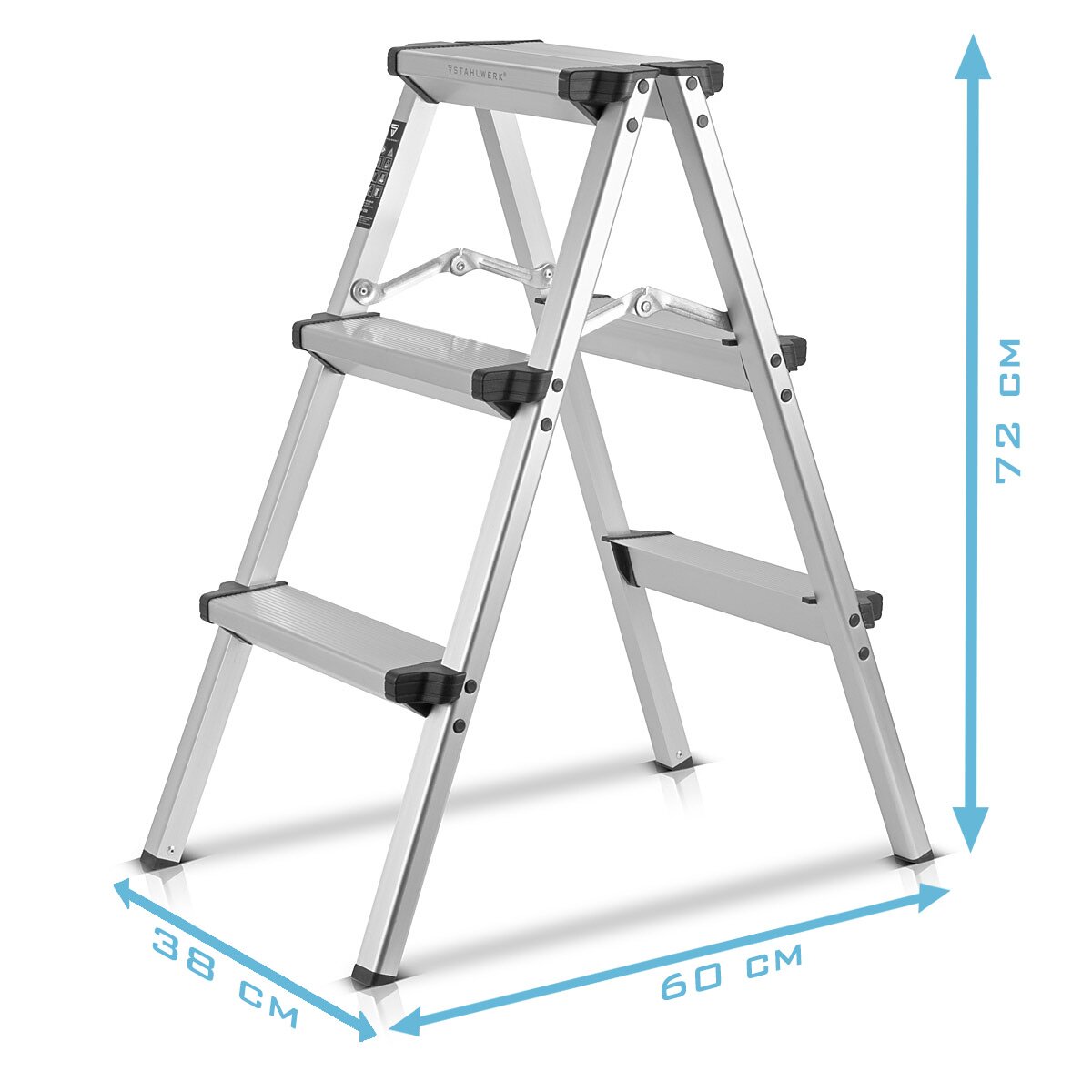 STAHLWERK aluminum step ladder ALT-150 ST up to 150 kg, 3 steps, standing height 72 cm, aluminum ladder | Folding ladder | Folding step | Multi-purpose ladder | Stepladder with non-slip rungs