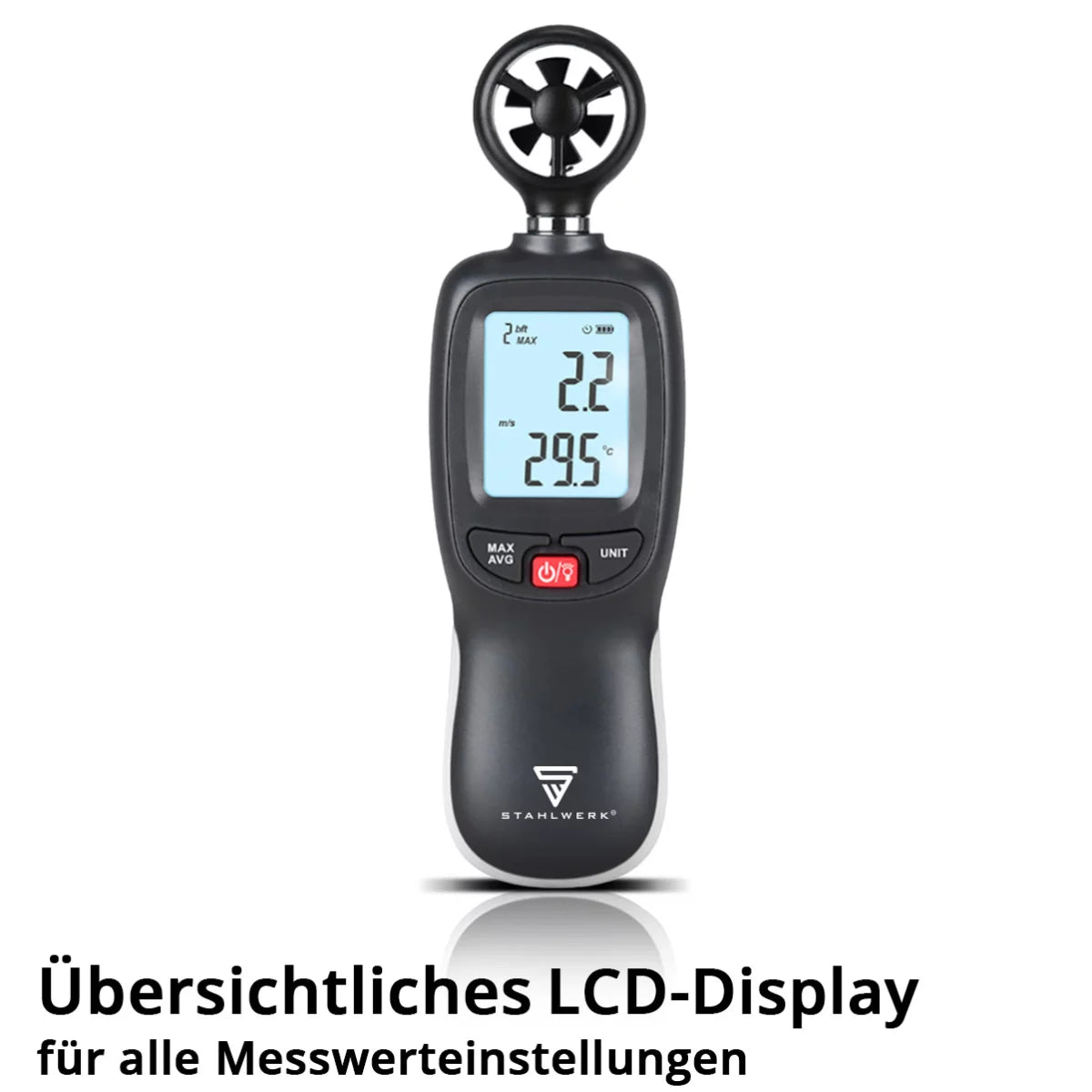 STAHLWERK Anemometer | Compact air speed meter 30 m/s | Wind measuring device | Airflow meter | Precise measurement of wind speed data | Digital air temperature gauge with LCD display