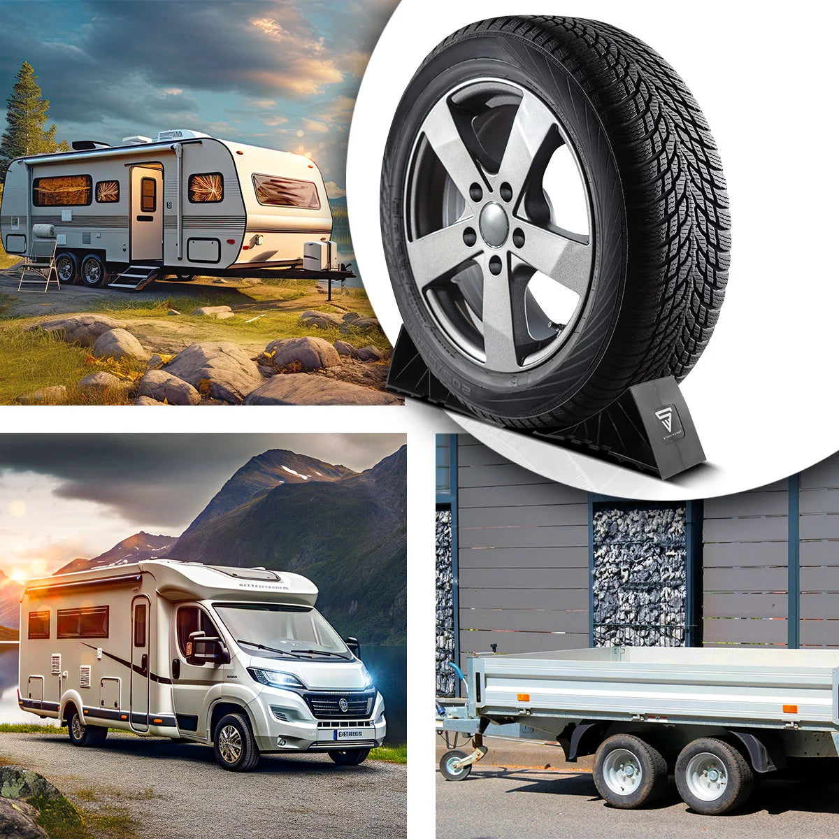 STAHLWERK Unterlegkeile mit Halterung GT-01 ST 4er Set bis 1,5 t Achslast Bremskeil | Hemmschuh | Radkeil | Radvorleger für Pkw Anhänger, Wohnmobil, Wohnwagen oder Caravan