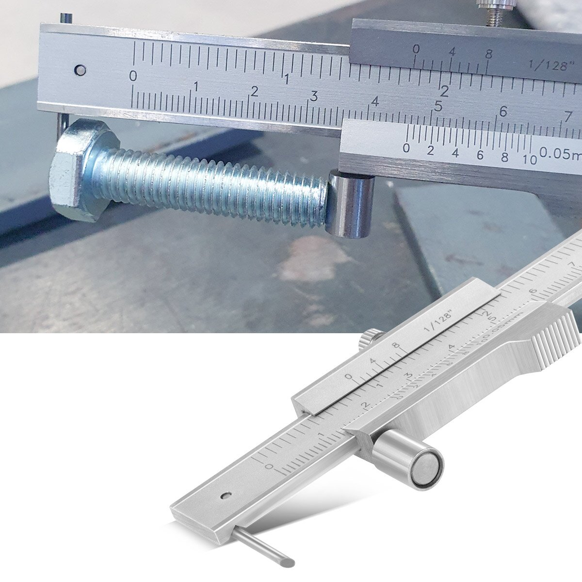 STAHLWERK marking caliper | Measuring gauge | Caliper 0-200 mm | 8 inch with vernier and stop roller according to DIN 862 for precision measurements