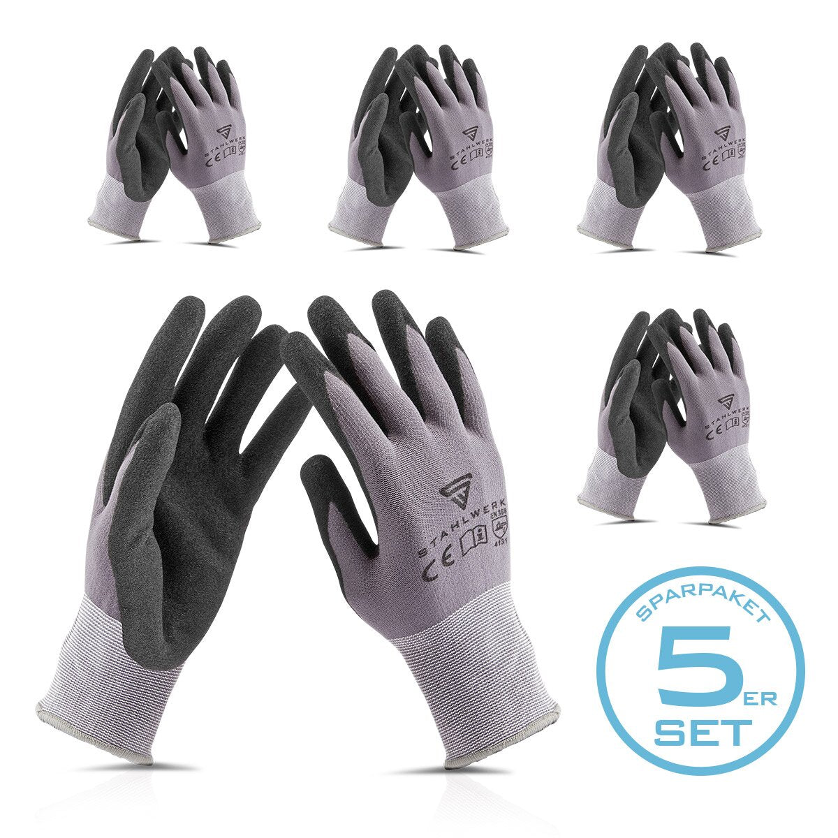 STAHLWERK work and assembly gloves size XL pack of 5 / protective clothing / robust and hard-wearing made of nitrile rubber