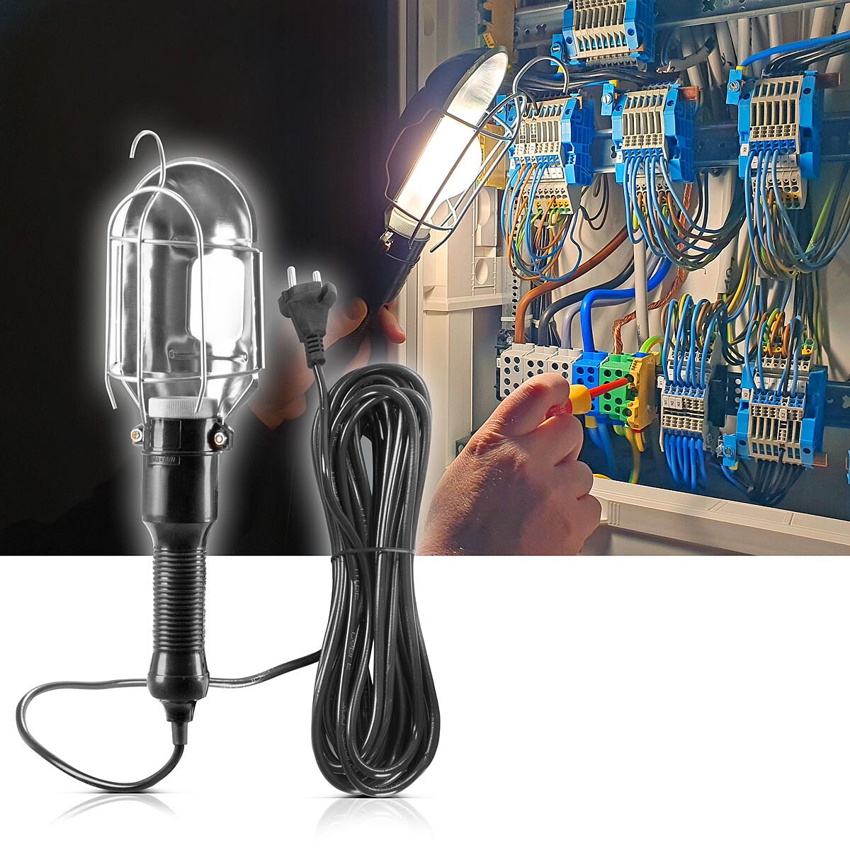 Lámpara de trabajo STAHLWERK con casquillo E27 hasta máx. Lámpara de taller de 60 W con cable de 10 m, gancho para colgar y mango de goma, lámpara de construcción | Lámpara de trabajo | Lámpara de mano para trabajos de reparación y renovación.