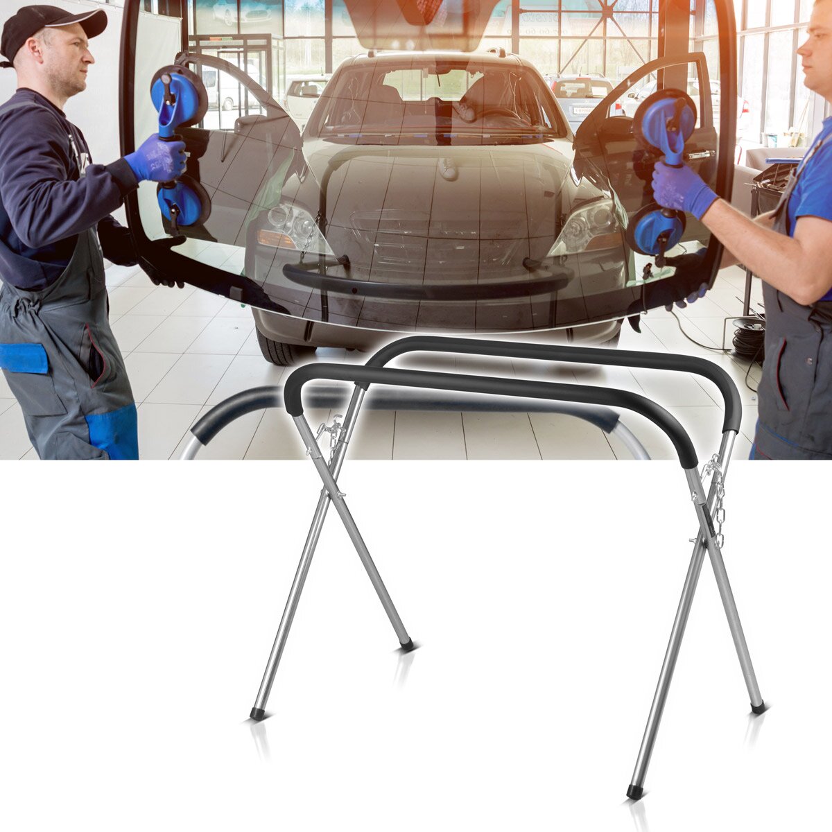 STAHLWERK Support de travail portable TASP-220 ST | Support de pare-brise pliable | support de réparation stable en acier avec mousse PU | Chevalet à disque | Réparation automobile | Réparation automobile | capacité de charge jusqu'à 220 kg