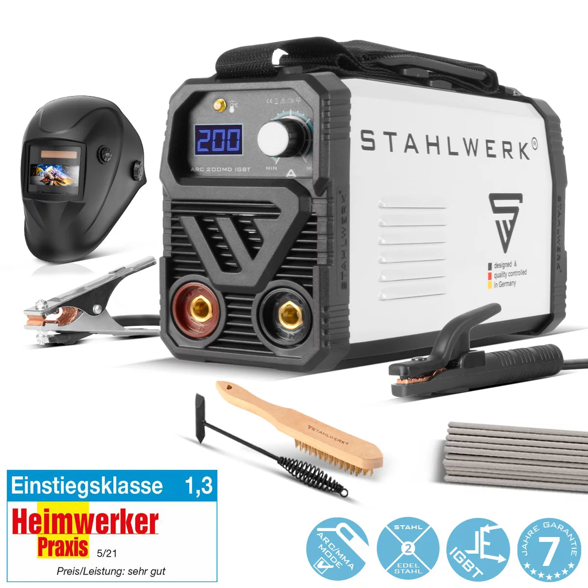 Saldatrice STAHLWERK ARC 200 MD completamente attrezzata - DC MMA | E-Mano| Inverter Lift-TIG da 200 A, tecnologia IGBT e scheda singola, garanzia del produttore 7 anni