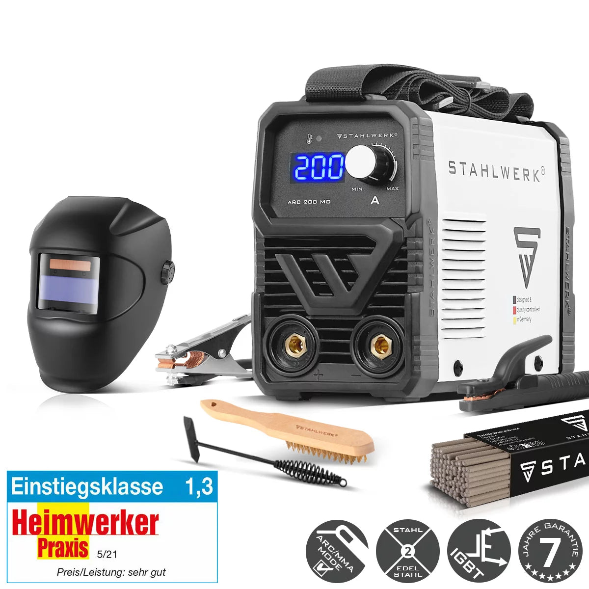 Saldatrice ad elettrodi STAHLWERK ARC 200 MD con 200 A Completamente attrezzata | Casco per saldatura | Elettrodi | DC MMA/E-mano | Sollevamento TIG | Inizio caldo | Raffreddamento intelligente | Tavola singola | Molto compatto