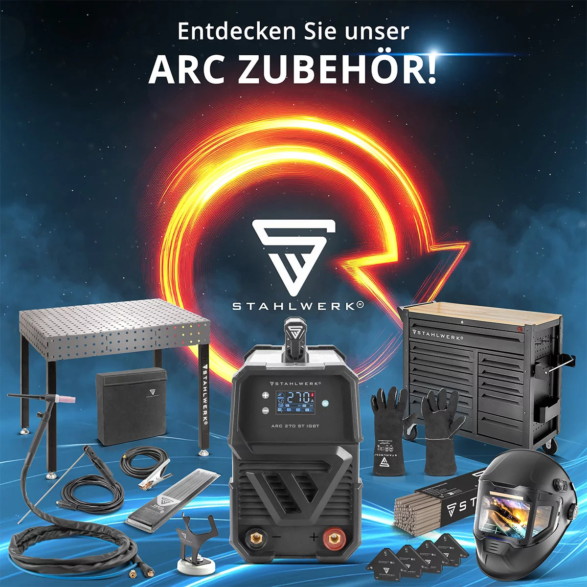 STAHLWERK ARC 270 ST fully equipped IGBT welding machine DC MMA / E-hand welder, lift-TIG function with real 270 amps, very compact, 400V, white