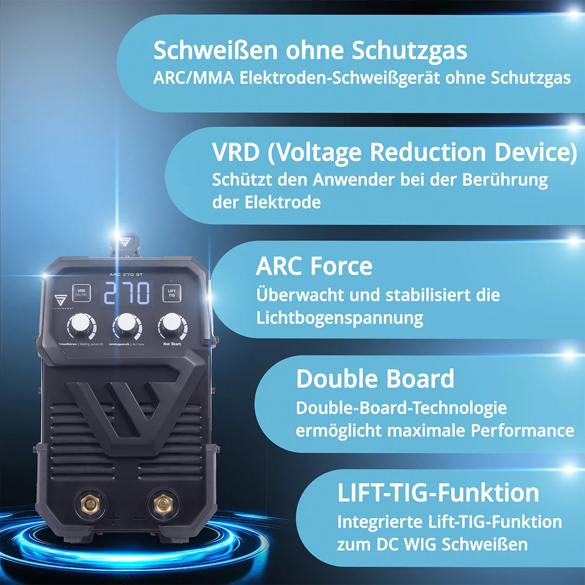 STAHLWERK ARC 270 ST fully equipped IGBT welding machine DC MMA / E-hand welder, lift-TIG function with real 270 amps, very compact, 400V, white