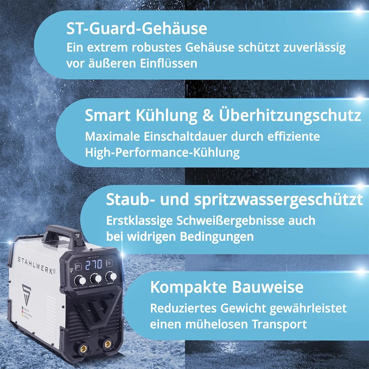 STAHLWERK ARC 270 ST fully equipped IGBT welding machine DC MMA / E-hand welder, lift-TIG function with real 270 amps, very compact, 400V, white