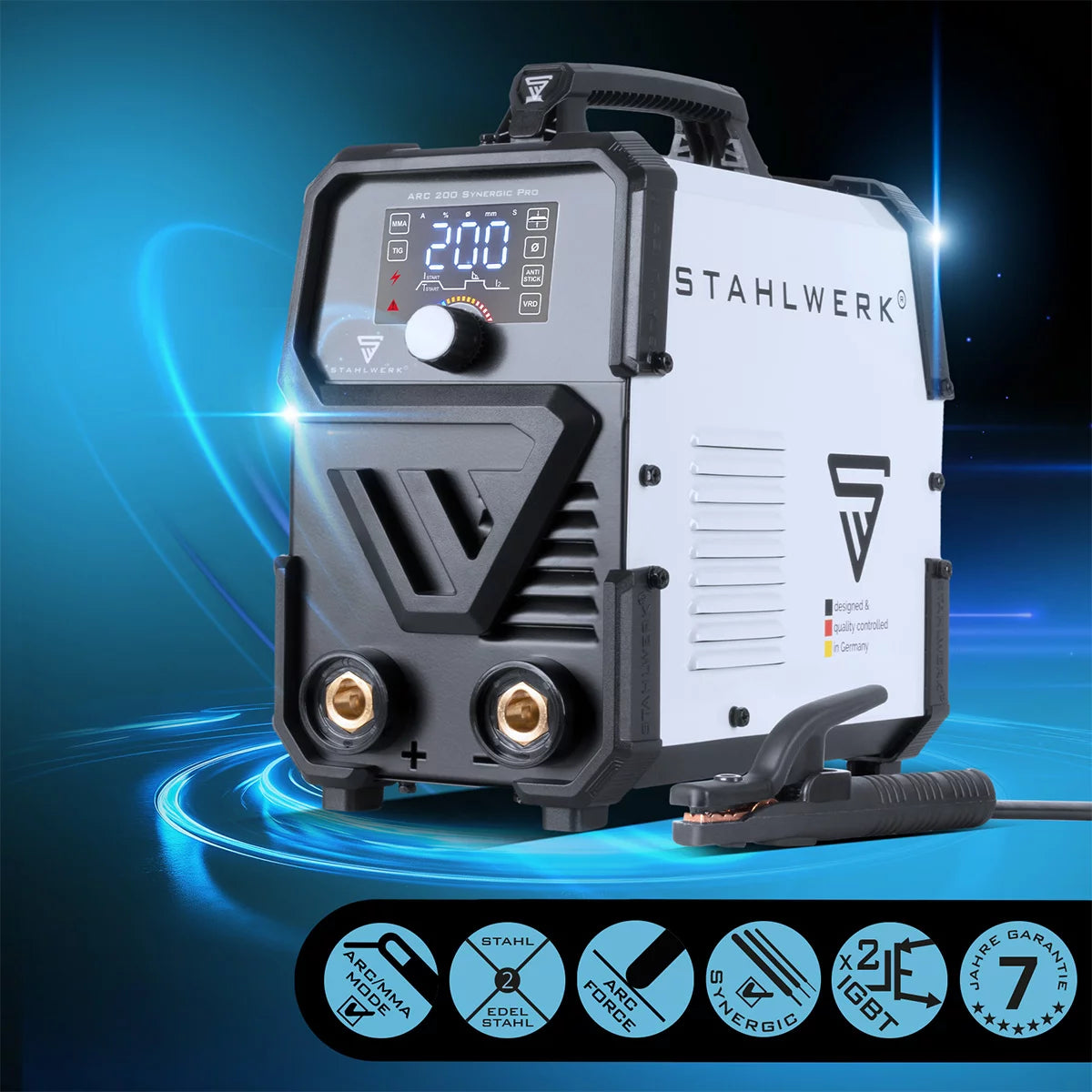 STAHLWERK ARC 200 Synergic Pro fully equipped electrode welding machine, fully synergic MMA | E-hand | Lift-TIG inverter with 200 amps and IGBT technology