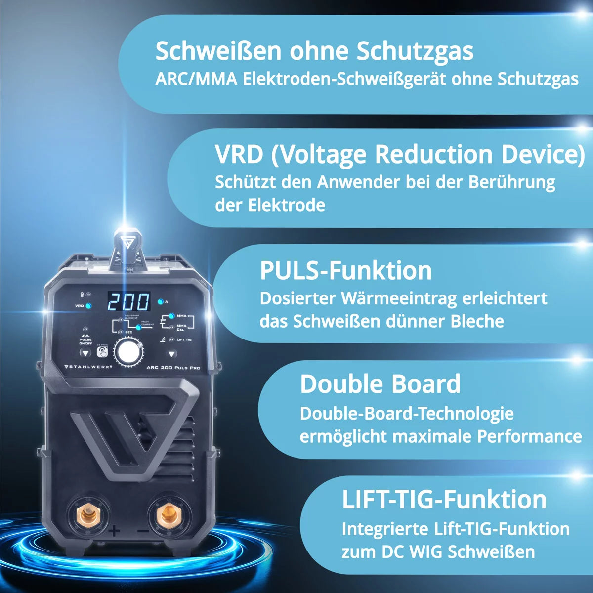 STAHLWERK ARC 200 Puls Pro Poste de soudage à électrode entièrement équipé, compact MMA | E-main | Onduleur Lift-TIG de 200 ampères, technologie IGBT et fonction impulsion