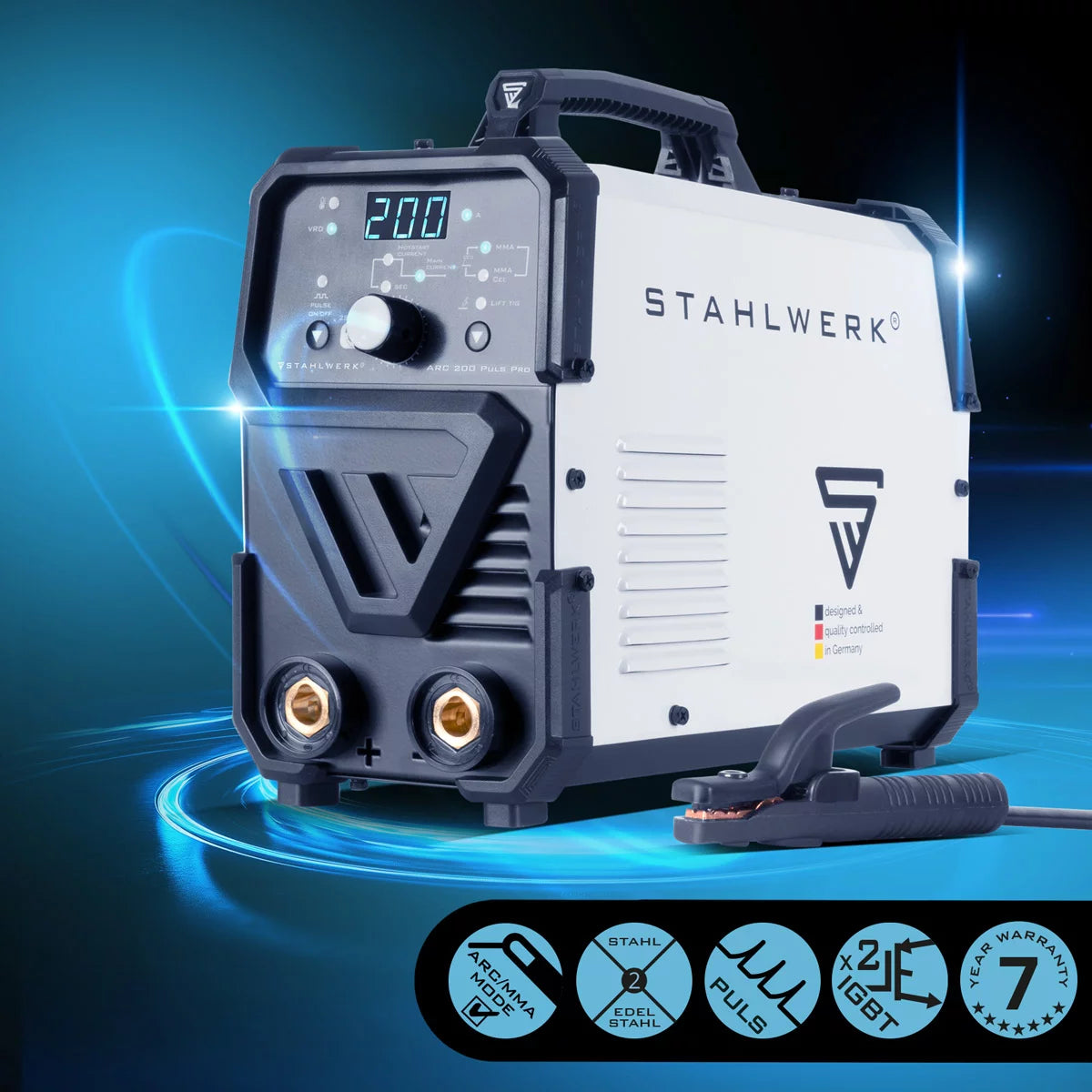 Poste de soudage à électrode STAHLWERK ARC 200 Puls Pro, compact MMA | E-main | Onduleur Lift-TIG de 200 ampères, technologie IGBT et fonction impulsion