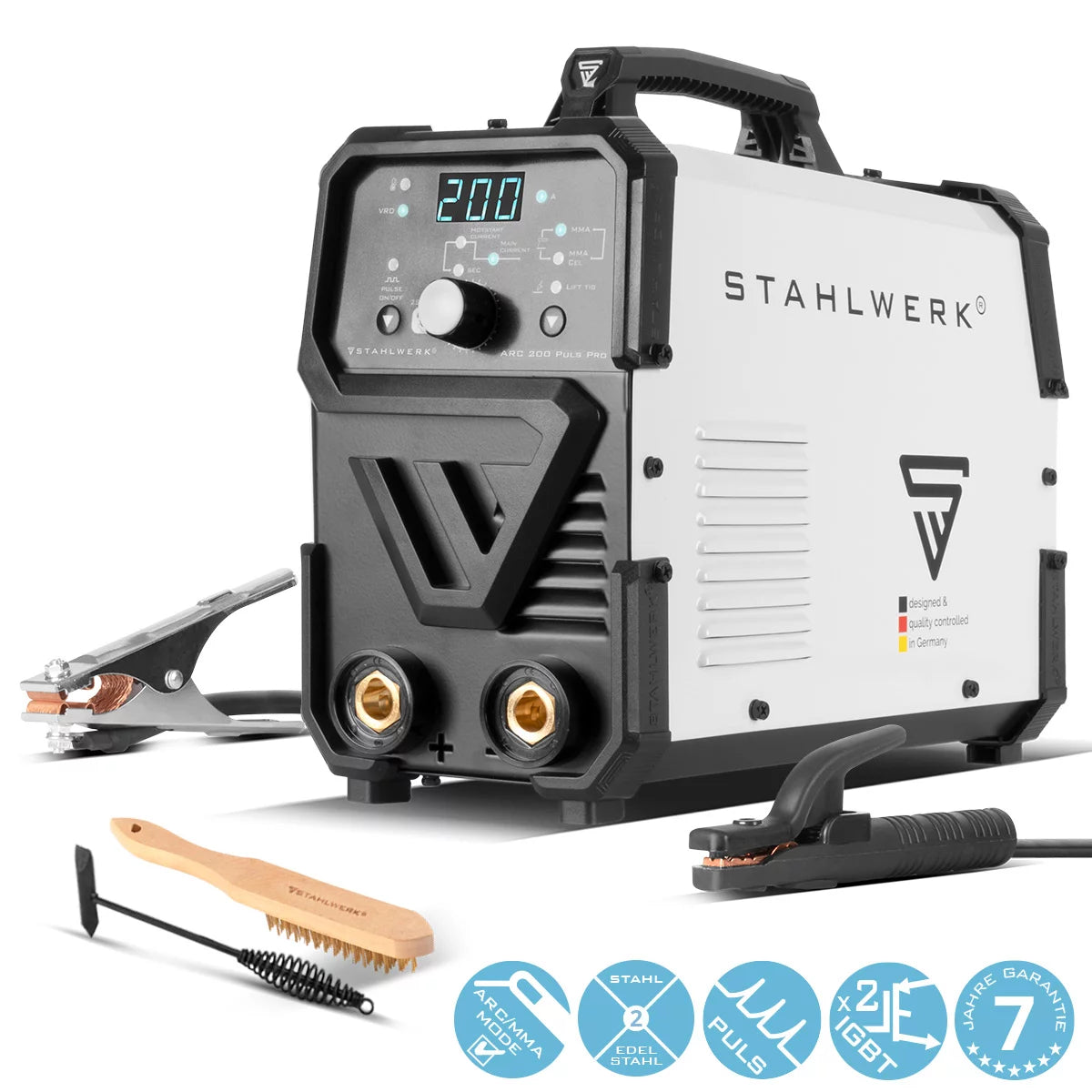 Poste de soudage à électrode STAHLWERK ARC 200 Puls Pro, compact MMA | E-main | Onduleur Lift-TIG de 200 ampères, technologie IGBT et fonction impulsion