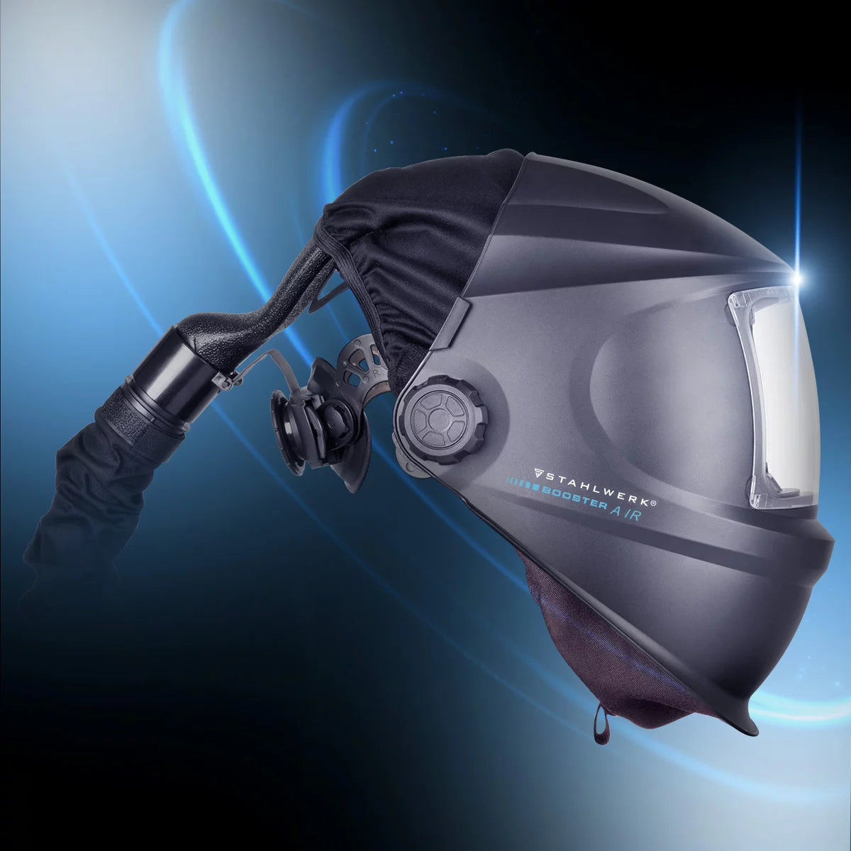 STAHLWERK 3-in-1 automatic welding helmet BOOSTER AIR | Welding helmet with fresh air supply | PAPR system | True color reproduction | Job memory | Darkening DIN 4 to DIN 13 | Optical class 1/1/1/2
