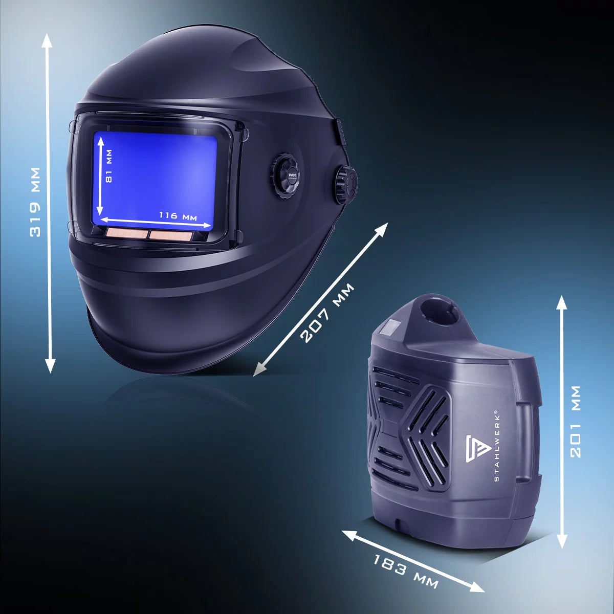 STAHLWERK 3-in-1 automatic welding helmet BOOSTER AIR | Welding helmet with fresh air supply | PAPR system | True color reproduction | Job memory | Darkening DIN 4 to DIN 13 | Optical class 1/1/1/2