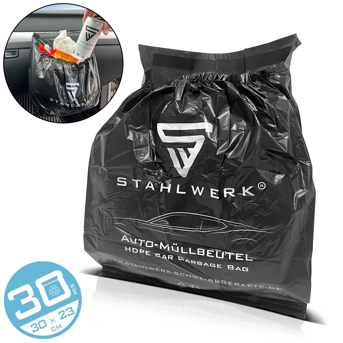 Sacchetti per rifiuti per auto STAHLWERK 30 pezzi Sacchetti per rifiuti extra resistenti 23 x 30 cm | Sacchi della spazzatura | Sacchi della spazzatura | Sacchi per la spazzatura in plastica HDPE resistente agli strappi