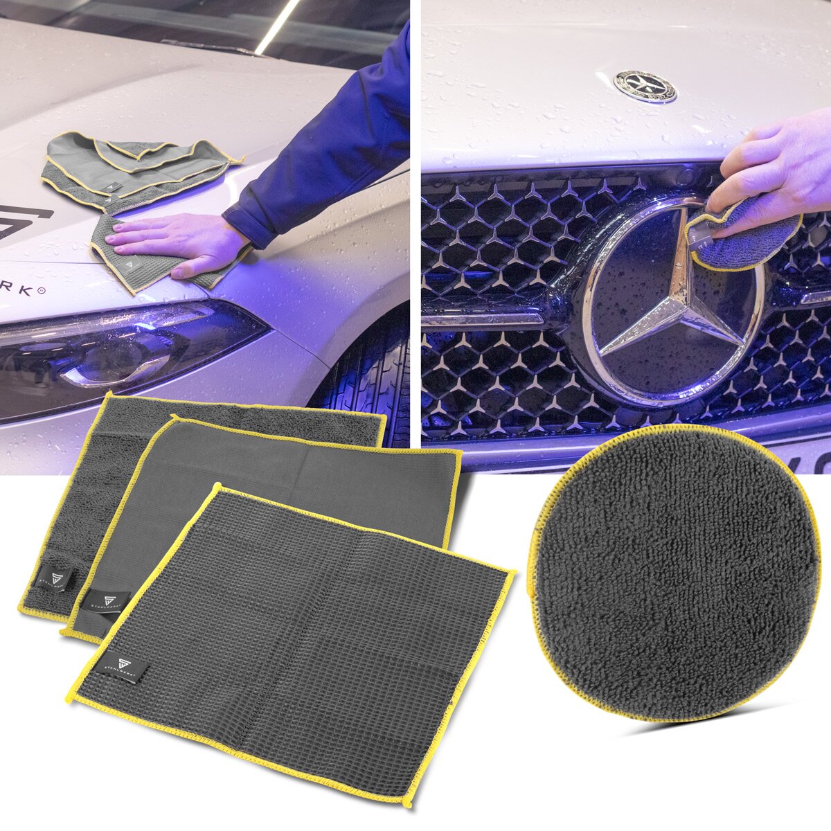 STAHLWERK Autoreinigungs-Set 9-teiliges Autopflege-Set | Aufbereitungs-Set | Autowasch-Set | Detailing-Set mit Mikrofaser-Tüchern, Felgenbürste, Waschhandschuh, Schwamm und Applikator-Pads