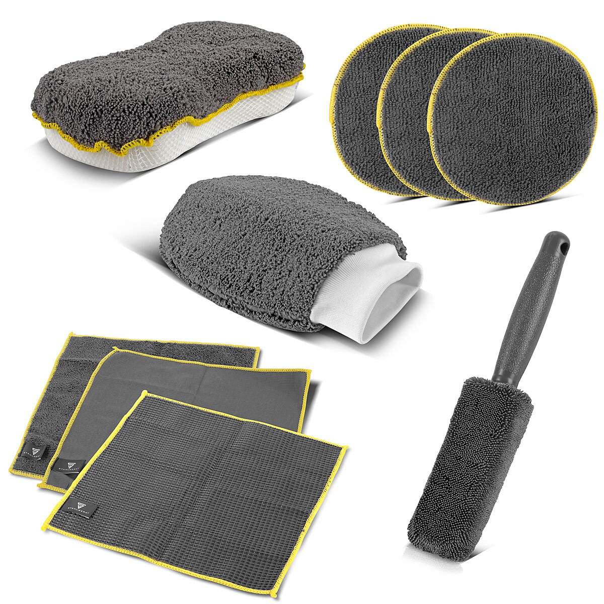 STAHLWERK Autoreinigungs-Set 9-teiliges Autopflege-Set | Aufbereitungs-Set | Autowasch-Set | Detailing-Set mit Mikrofaser-Tüchern, Felgenbürste, Waschhandschuh, Schwamm und Applikator-Pads