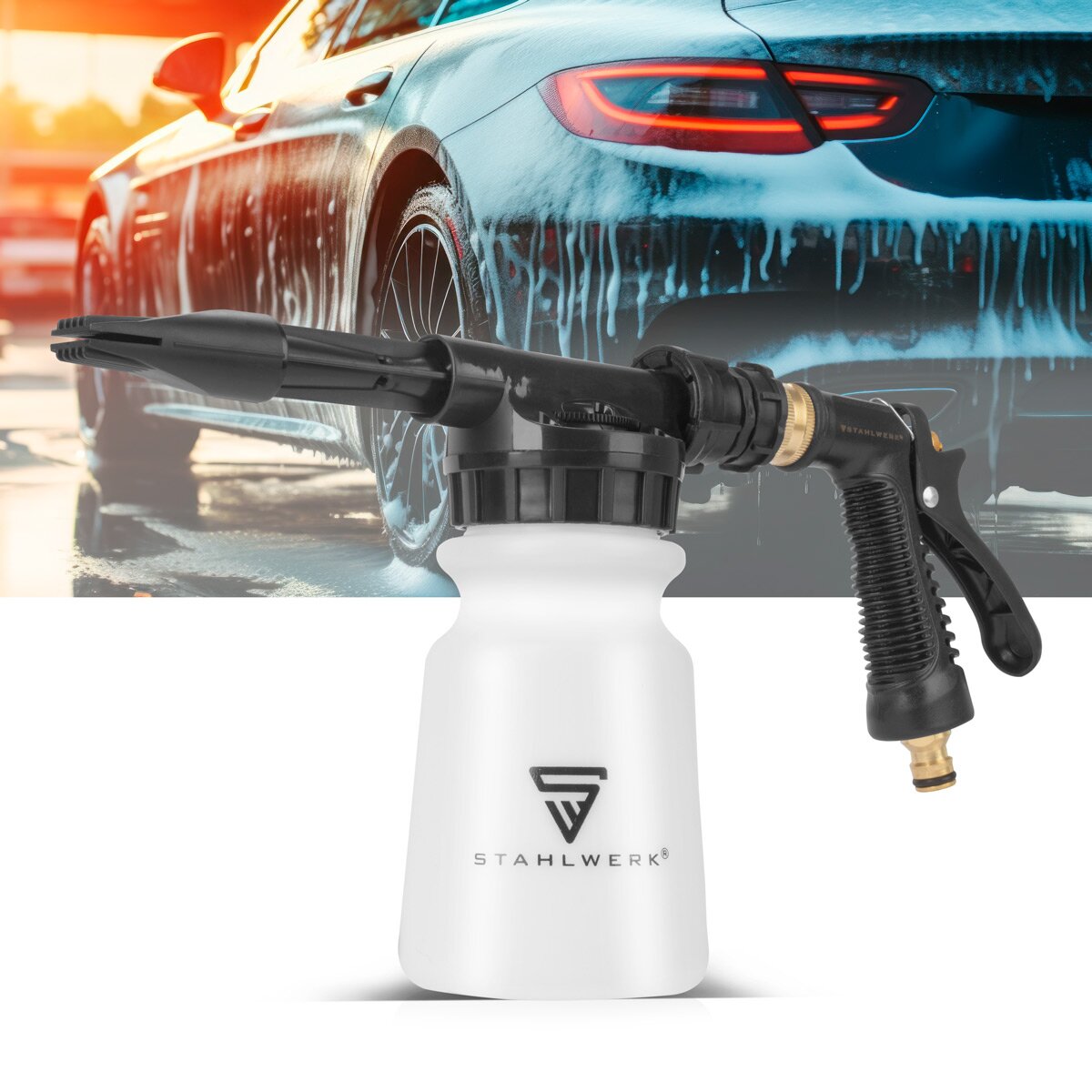Pistola pulverizadora de espuma para lavado de coches STAHLWERK RP-91 ST con depósito extraíble para productos de limpieza en un set con 5 litros de limpiador universal, cepillos para detalles, esponja para coche y paños de microfibra