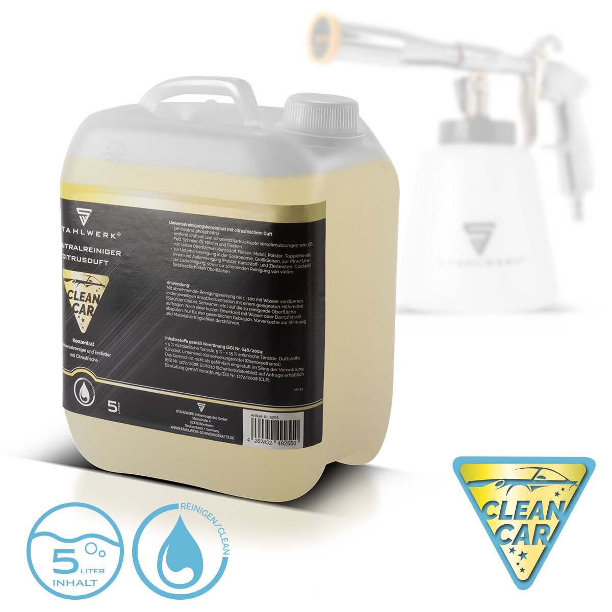 Pistola pulverizadora de espuma para lavado de coches STAHLWERK RP-91 ST con depósito extraíble para productos de limpieza en un set con 5 litros de limpiador universal, cepillos para detalles, esponja para coche y paños de microfibra