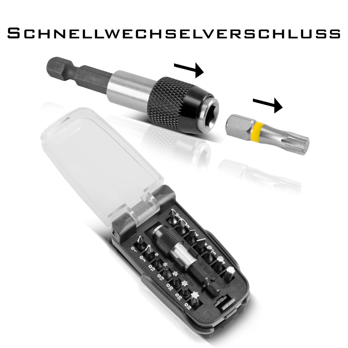 STAHLWERK 15-piece professional bit set made of chrome vanadium steel with magnetic holder and quick-change device for cordless screwdrivers and hand drills