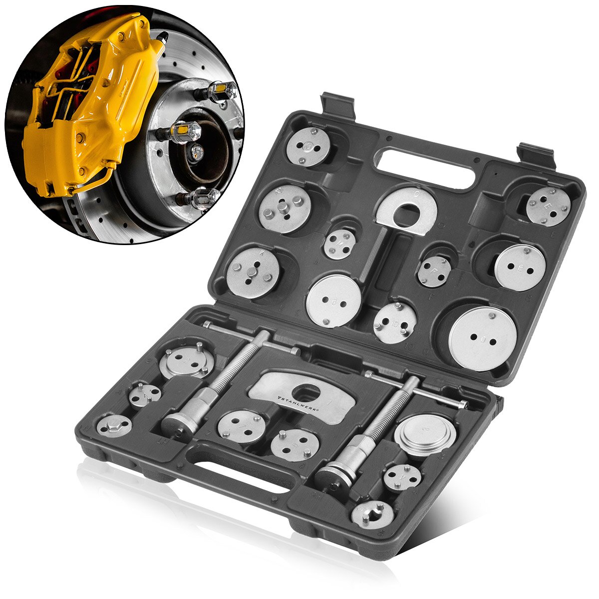 STAHLWERK Kit de réinitialisation du piston de frein 22 pièces Réinitialiseur de piston d'étrier de frein | Réinitialisation des freins | Réinitialisation du piston | Jeu d'outils de réinitialisation pour pistons d'étrier de frein automobile