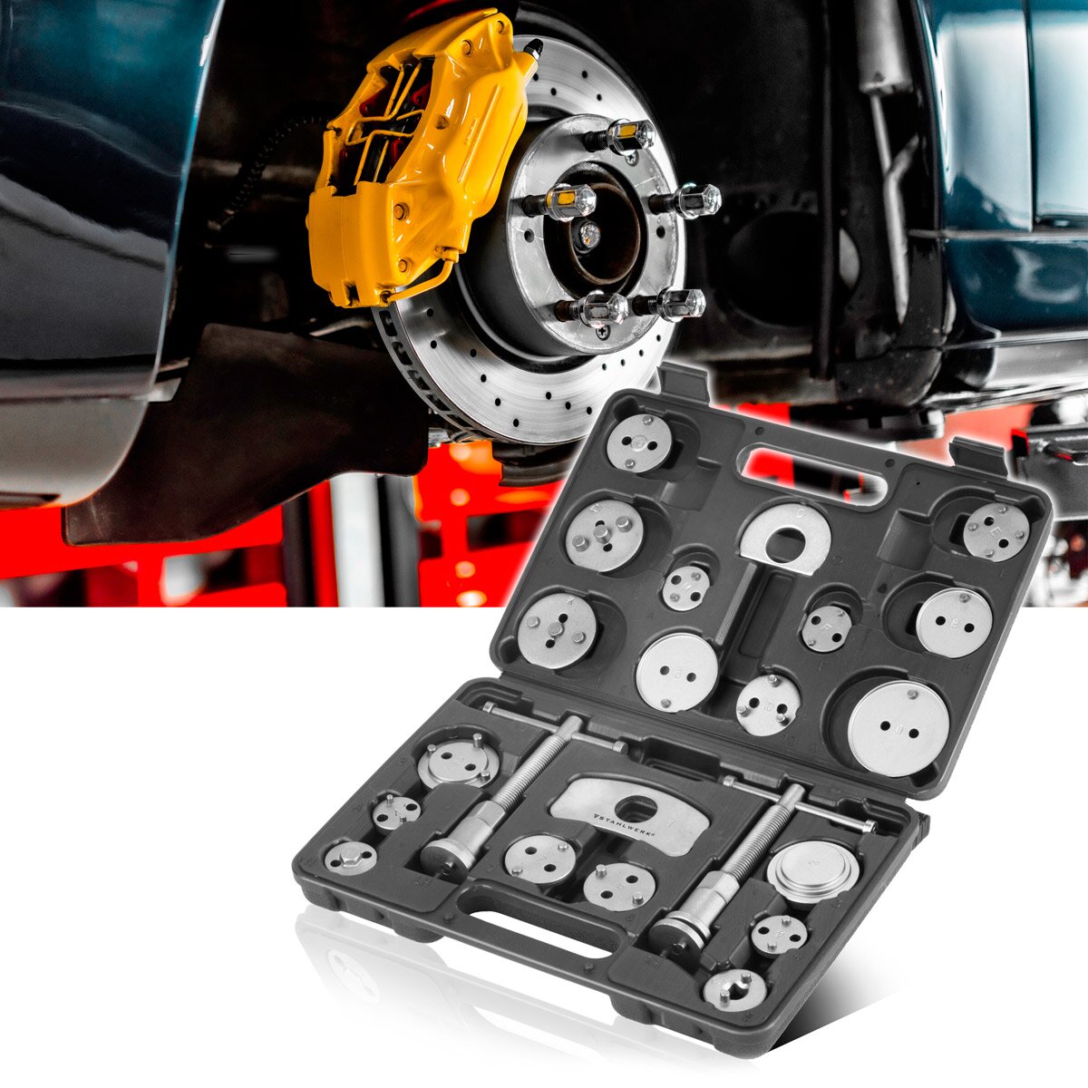 STAHLWERK Kit de réinitialisation du piston de frein 22 pièces Réinitialiseur de piston d'étrier de frein | Réinitialisation des freins | Réinitialisation du piston | Jeu d'outils de réinitialisation pour pistons d'étrier de frein automobile