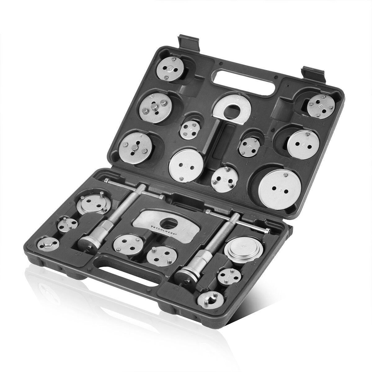 STAHLWERK Kit de réinitialisation du piston de frein 22 pièces Réinitialiseur de piston d'étrier de frein | Réinitialisation des freins | Réinitialisation du piston | Jeu d'outils de réinitialisation pour pistons d'étrier de frein automobile